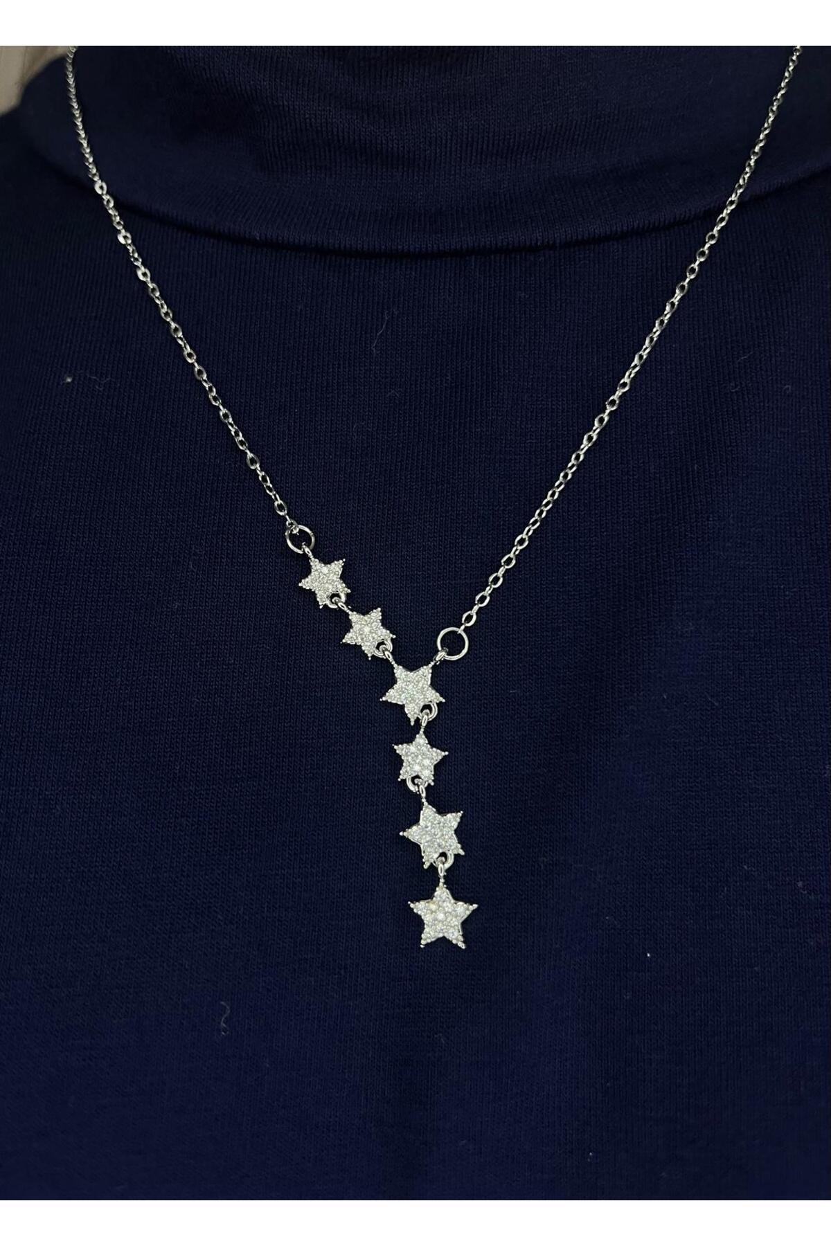 Steel Silver Color Star Y Necklace with Zircon Gemstone