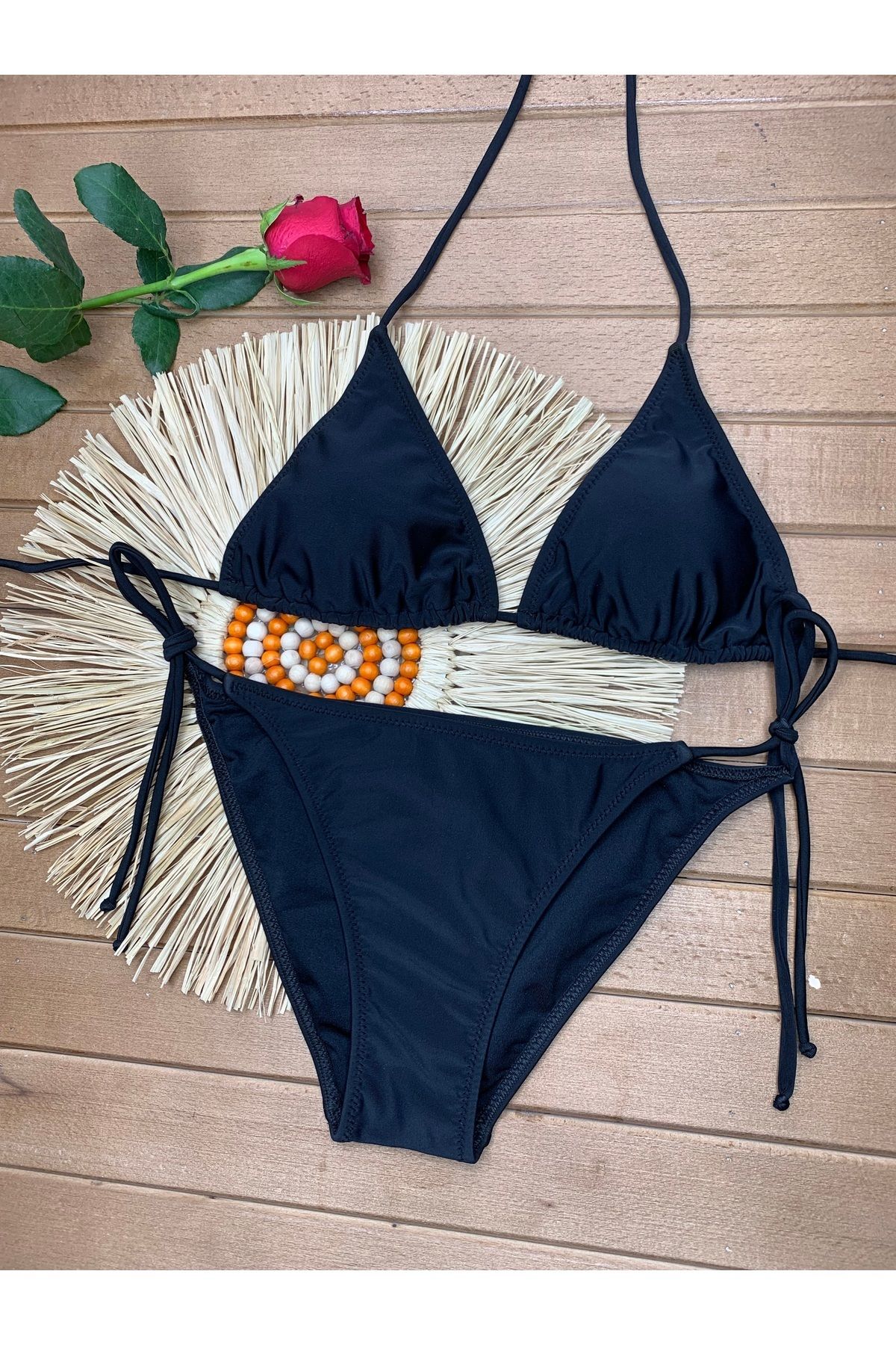 XORVİO Kadın Likralı Esnek Yandan Ve Boyundan Bağlamalı Şık Ipli Üçgen Siyah Bikini Takım