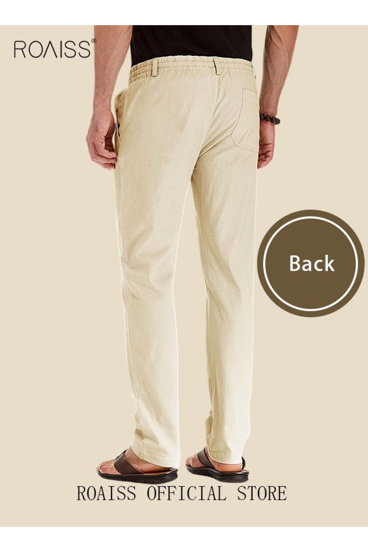 ROAISS-Men's Casual Solid Color Pants Loose Drawstring Waist Elastic Design Cotton Versatile Trousers 5