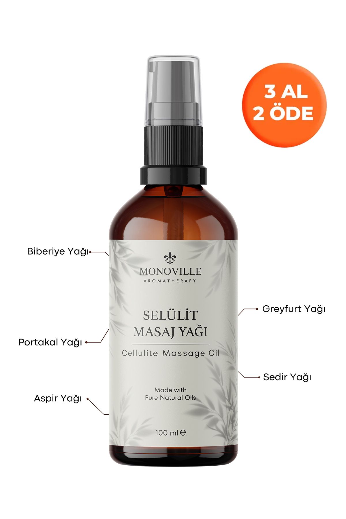 Monoville Selülit Masaj Yağı 100 ml Cam Şişede %100 Doğal (Cellulite Massage Oil)
