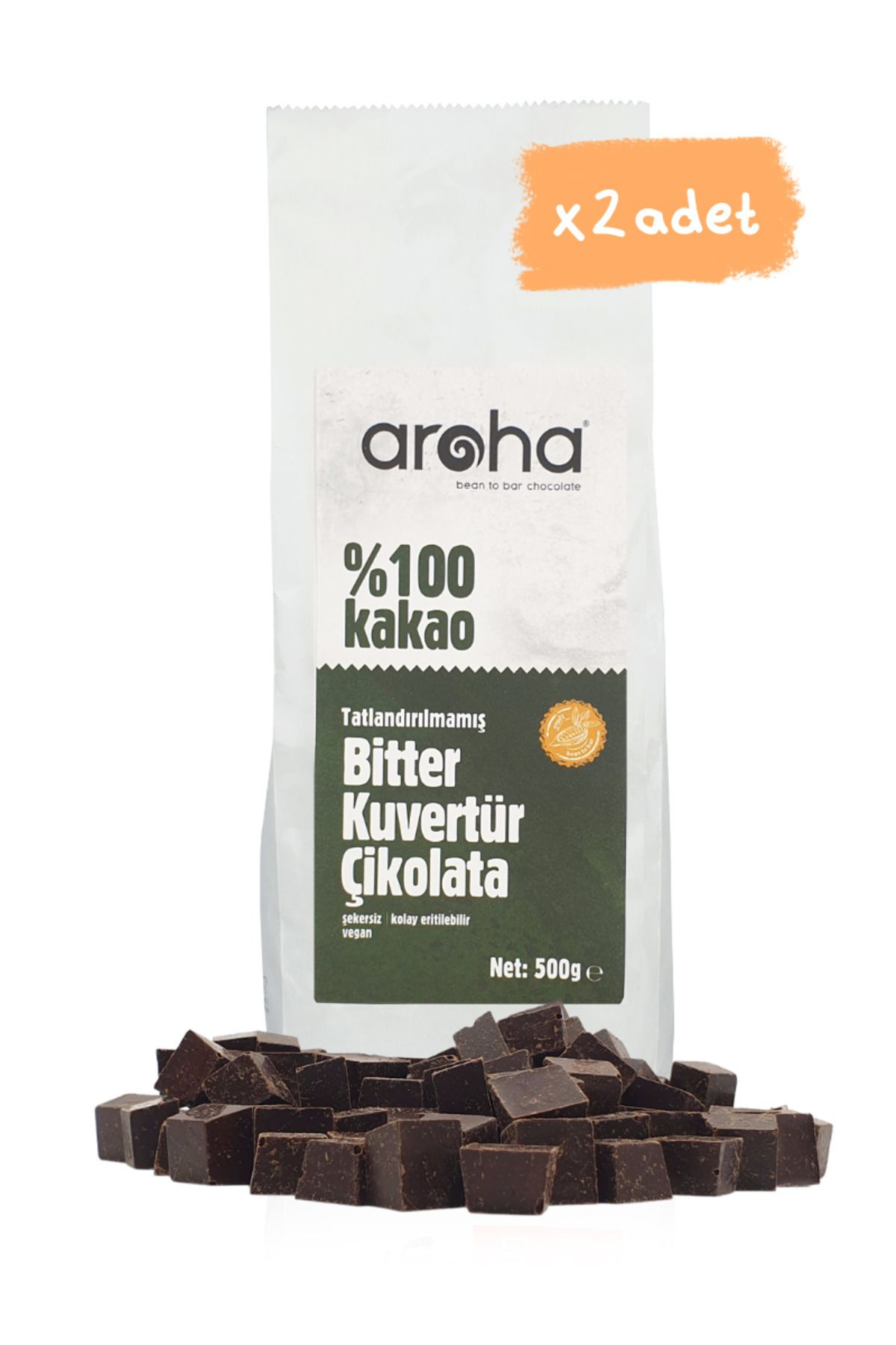 AROHA İkili Avantaj Paket. %100 Kakao Tatlandırılmamış Bitter Kuvertür Çikolata 500 G X 2 Adet