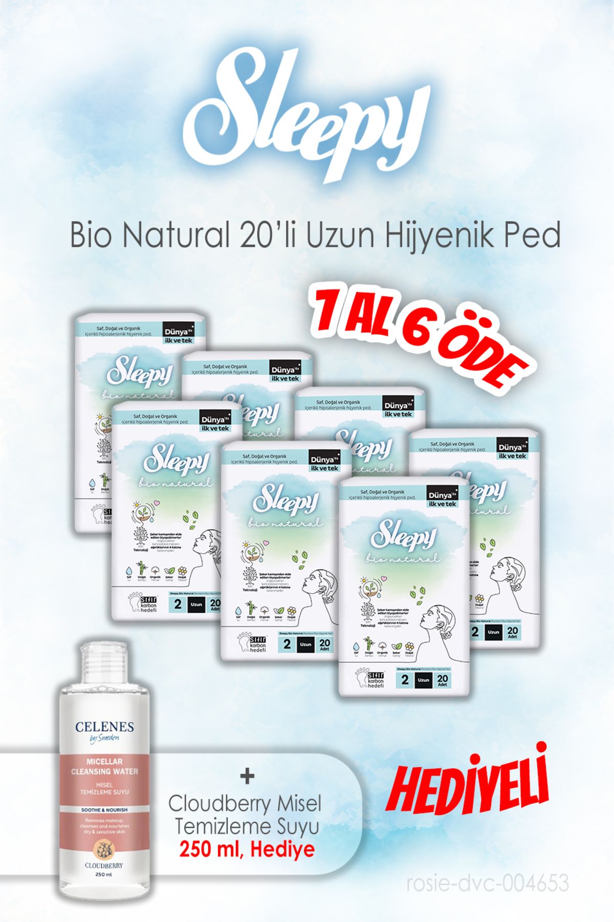 Sleepy Bio Natural 7 Al 6 Öde 20'li Hijyenik Ped Uzun Ve 250 ml Temizleme Suyu