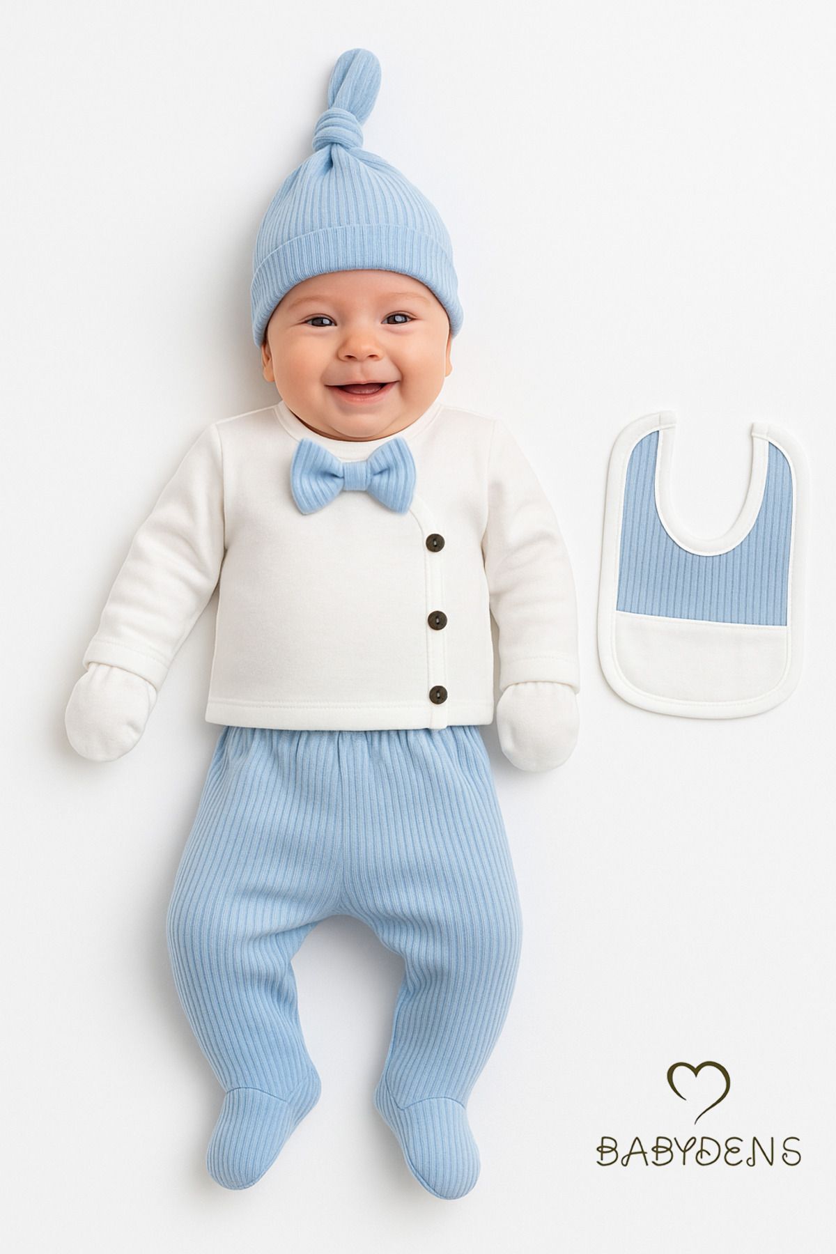 BABYDEN'S Erkek Bebek Hastane Çıkışı 5'li Takım %100Pamuk Ribana Kumaş Papyonlu Zıbın, Şapka,Eldiven,Önlük,Alt