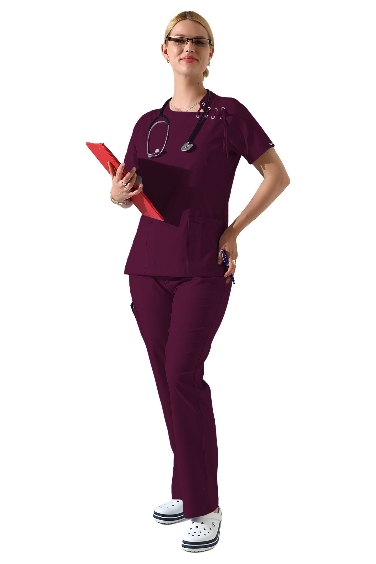 BEDUCA Mürdüm Likralı Yaka Detaylı Doktor Scrubs Takımı, Estetisyen Ve Güzellik Merkezi Kıyafeti
