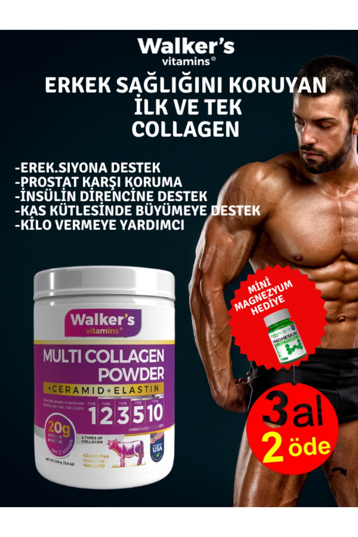 Walkers Walker`s (MEN) %100 Saf ve Doğal Ceramide, Cranberry, içeren Çift Hidrolize Kolajen Collagen