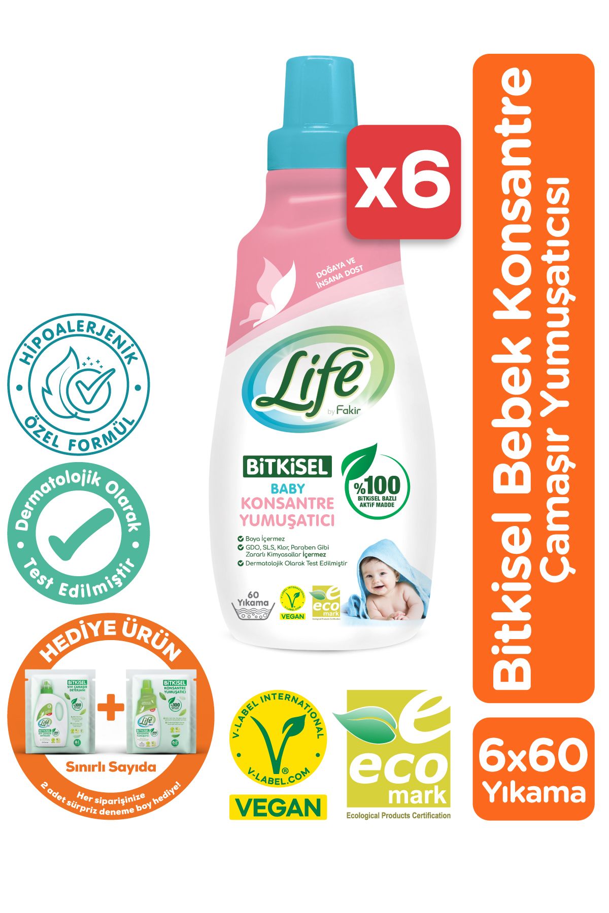 Life by Fakir Bitkisel Konsantre Bebek Çamaşır Yumuşatıcısı 1500ml x 6 Adet Avantaj Seti