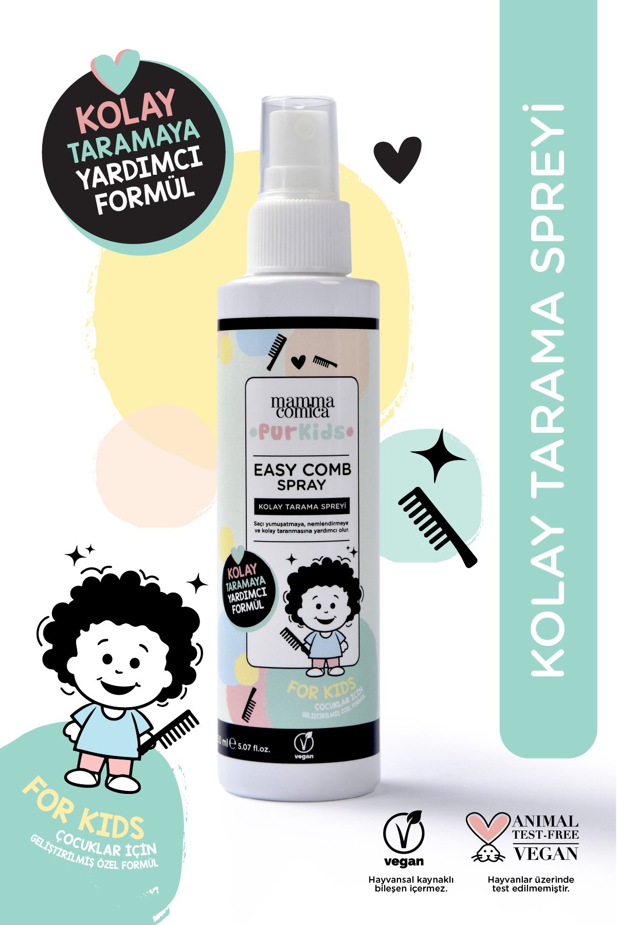 MammacomicaDough PurKids Bebek Çocuk Kolay Saç Tarama Spreyi 150 ml- Pudra Kokulu Elektriklenme ve Isı Korumalı