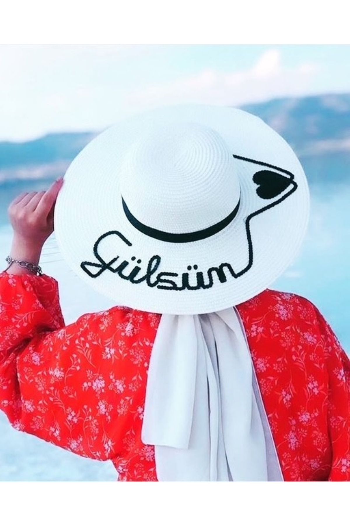 bridebyvictoria (İSMİNİZİ YAZIYORUZ) Yazlık Beyaz Kadın Hasır Şapka Kadın Plaj Şapkası Kişiye Özel