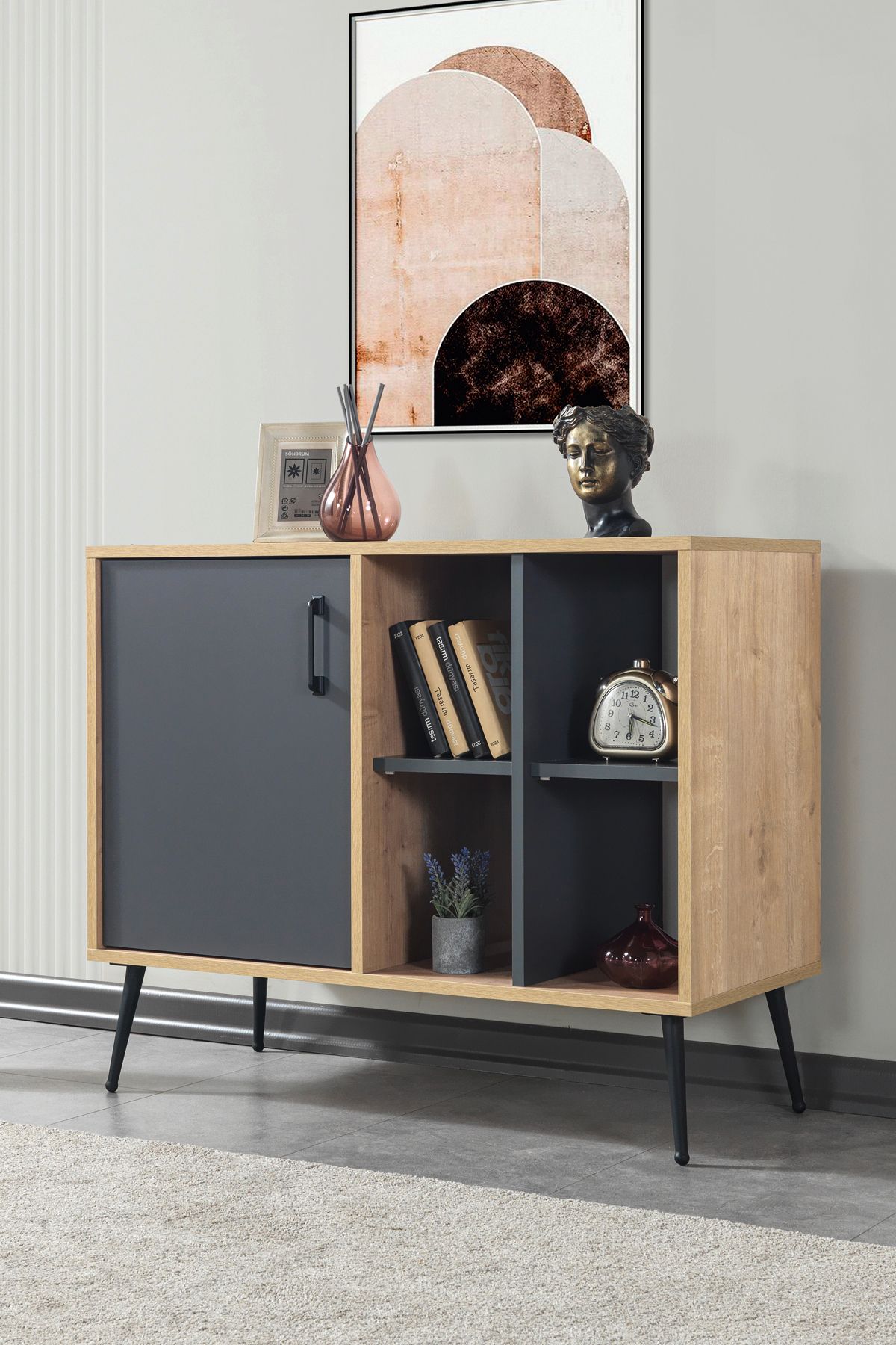 Evmo Home 4109 Şile Metal Ayaklı Metal Kulplu 100 Cm Konsol - Tv Ünitesi - Yemek Odası - Kahve Köşesi Antrasit