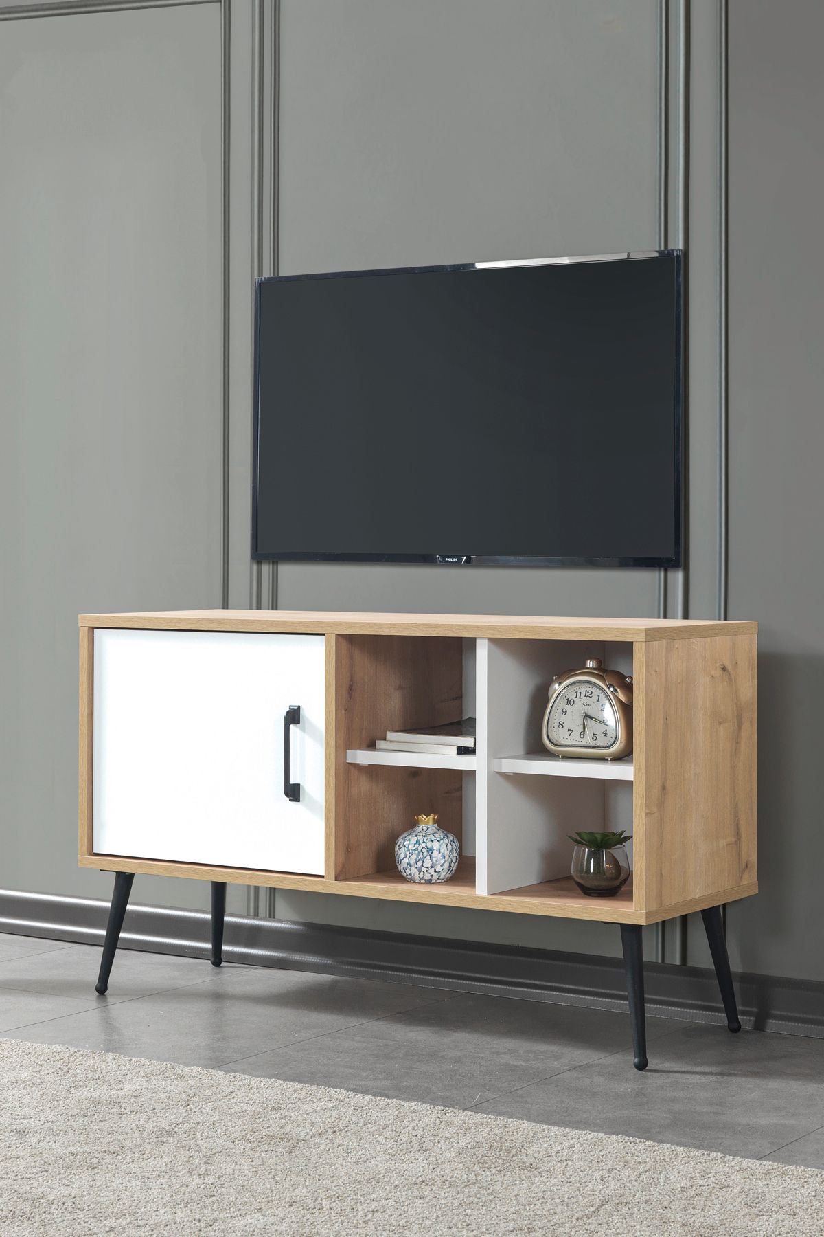 Evmo Home 3111 Şile Metal Ayaklı Metal Kulplu 100 Cm Tv Ünitesi - Beyaz Safir