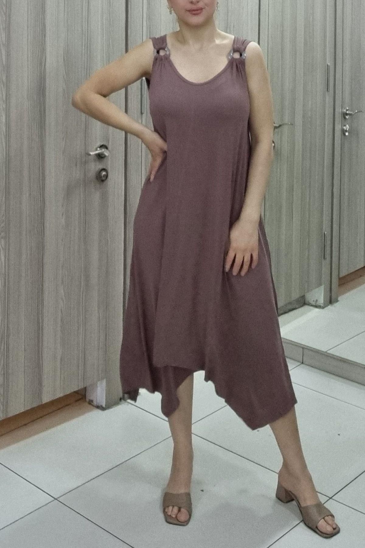 Maya Butik Halka Detaylı Kolsuz Oversize Asimetrik Elbise - 890