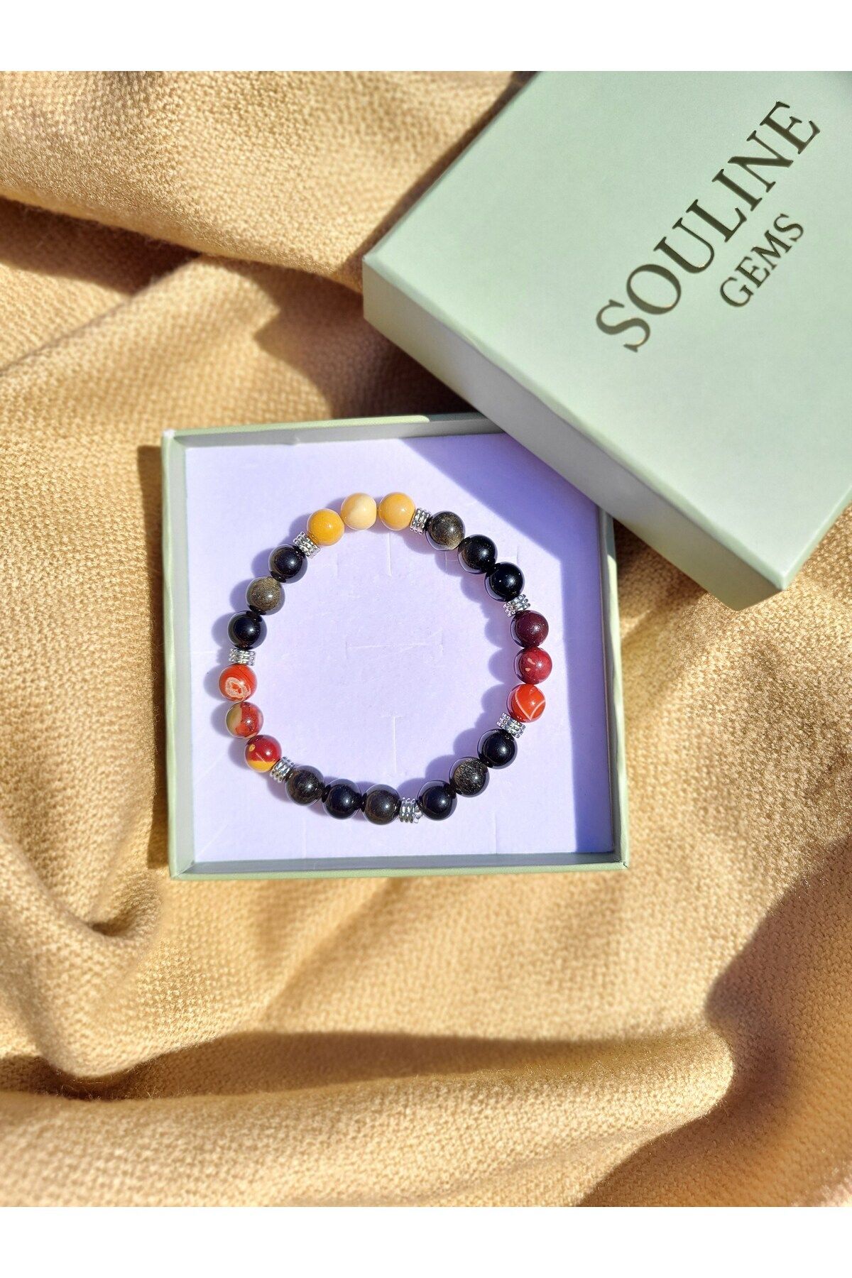 Souline Gems Gerçek Doğal Taş Bileklik - Gold Obsidyen, Karnelyan, Mokait