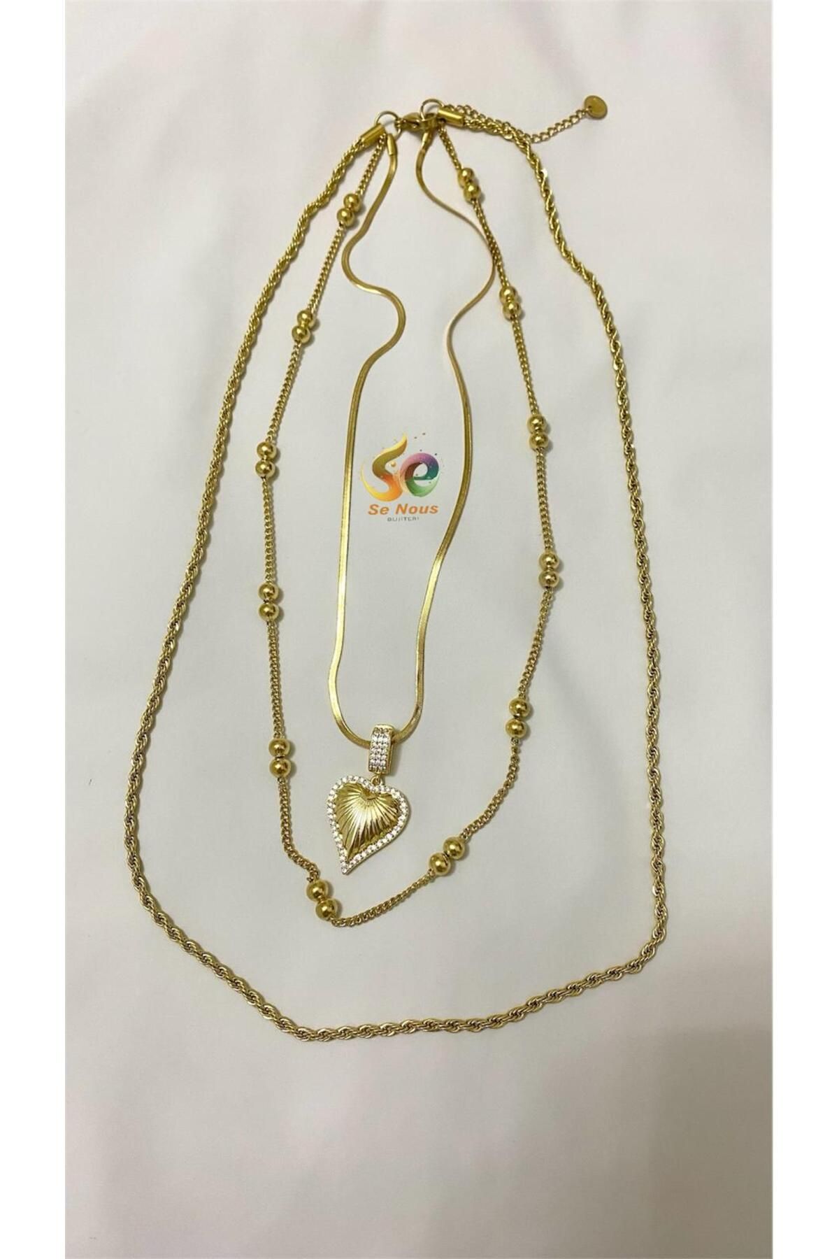 Butik Üç Zincir Dorika Kalp Detay Gold Altın Kaplama Çelik Kolye