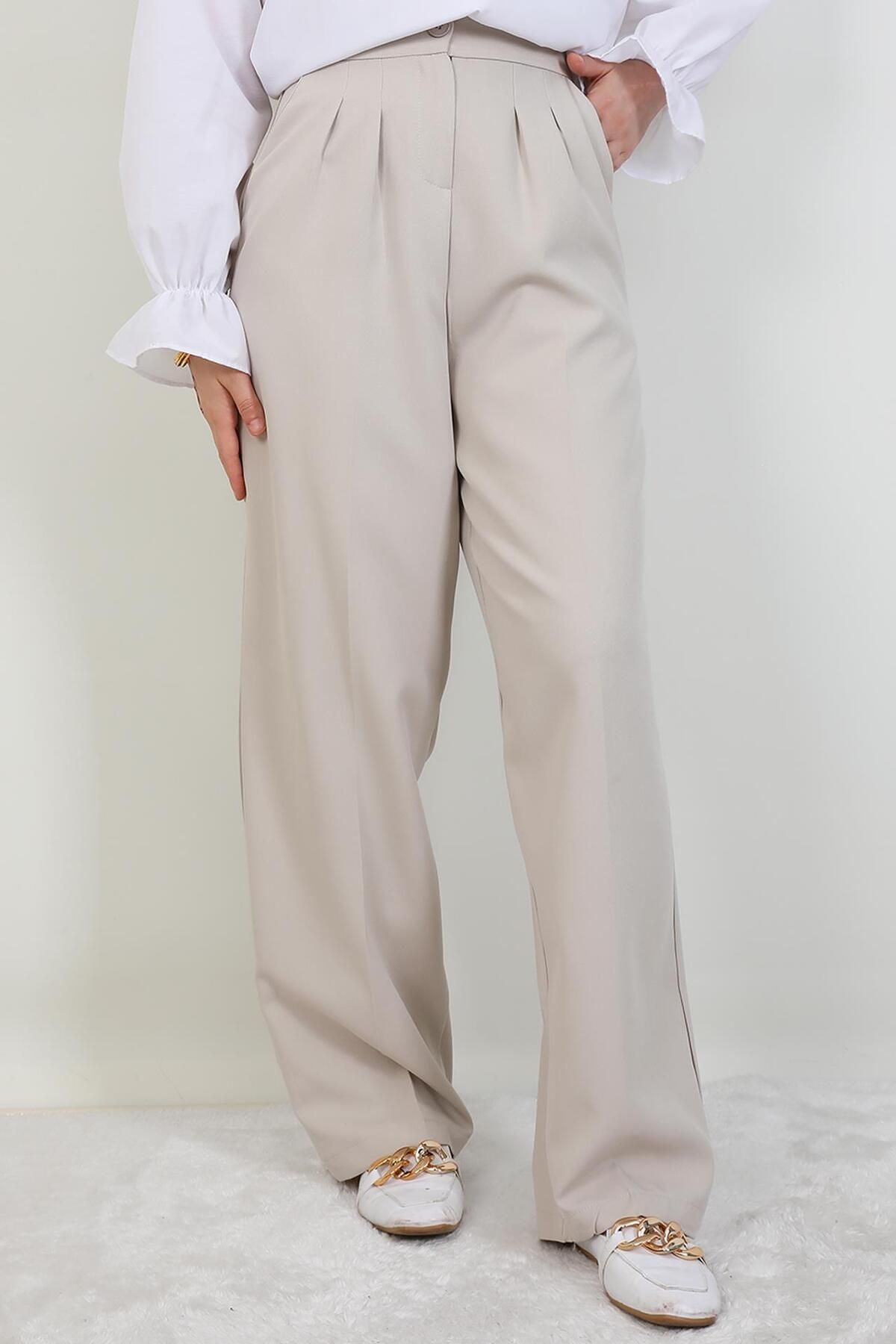 GİYZAMİLA-Elastic Waist Button Trousers Beige 3