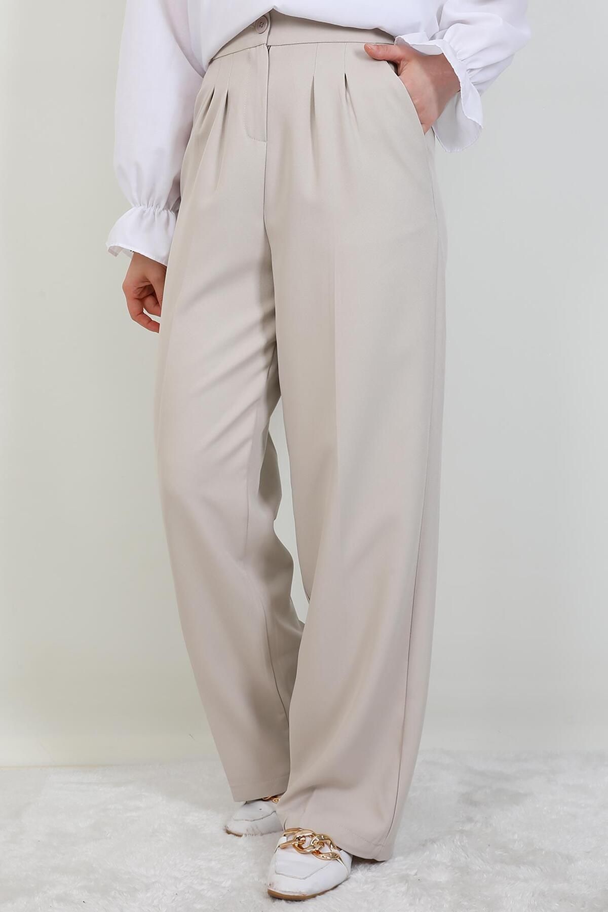 GİYZAMİLA-Elastic Waist Button Trousers Beige 4