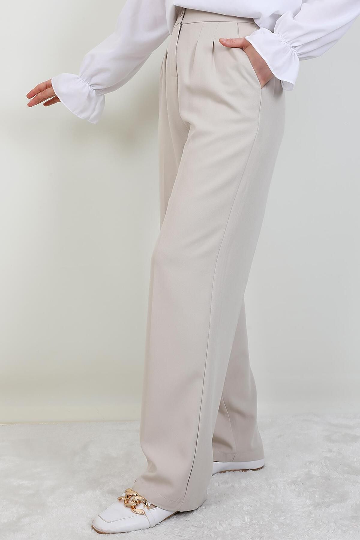 GİYZAMİLA-Elastic Waist Button Trousers Beige 5