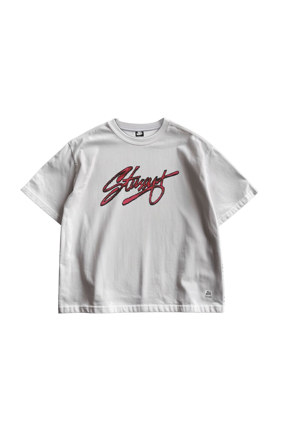 TresMonos Kırmızı Stussy Basklı Oversize Kısa Kesim Pamuklu Salaş Unisex Beyaz Tişört