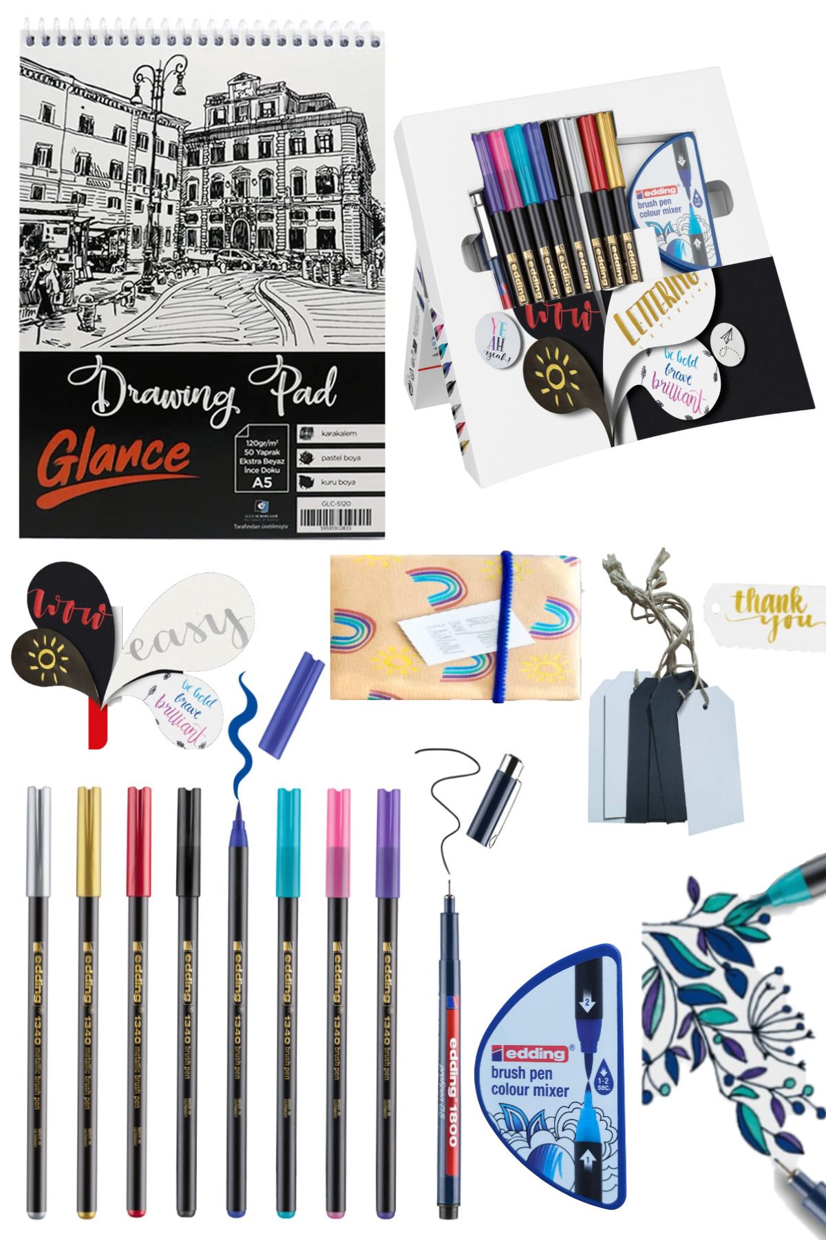 GLANCE Eskiz Defteri Edding Happy Lettering Set 9er Set + Renk Karıştırıcı, Çeşitli Stifte