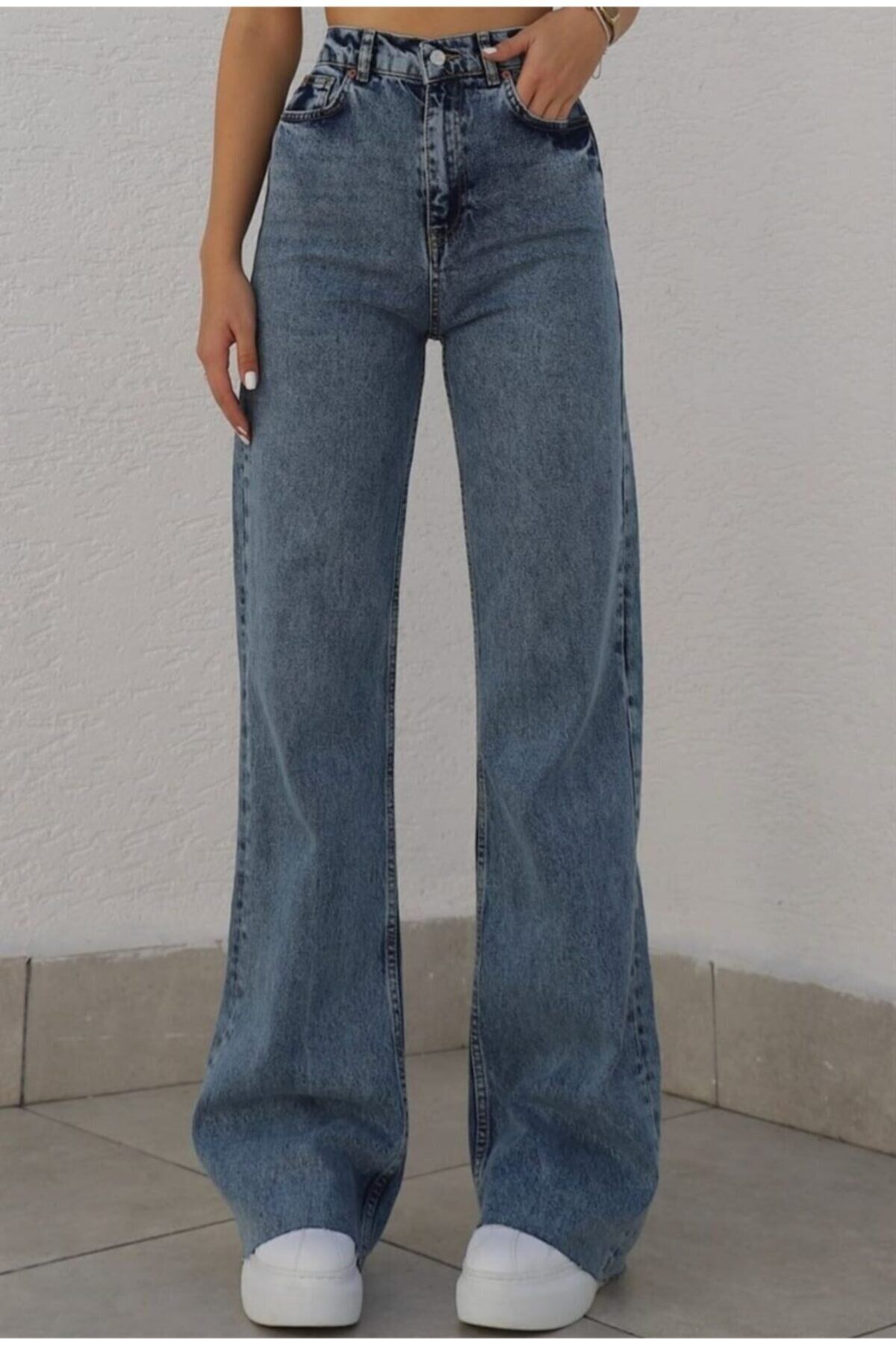 Trn JNS Lucy Orta Kar Süper Yüksek Bel 90's Power Likralı Solmaz Jeans Palazzo Pantolon