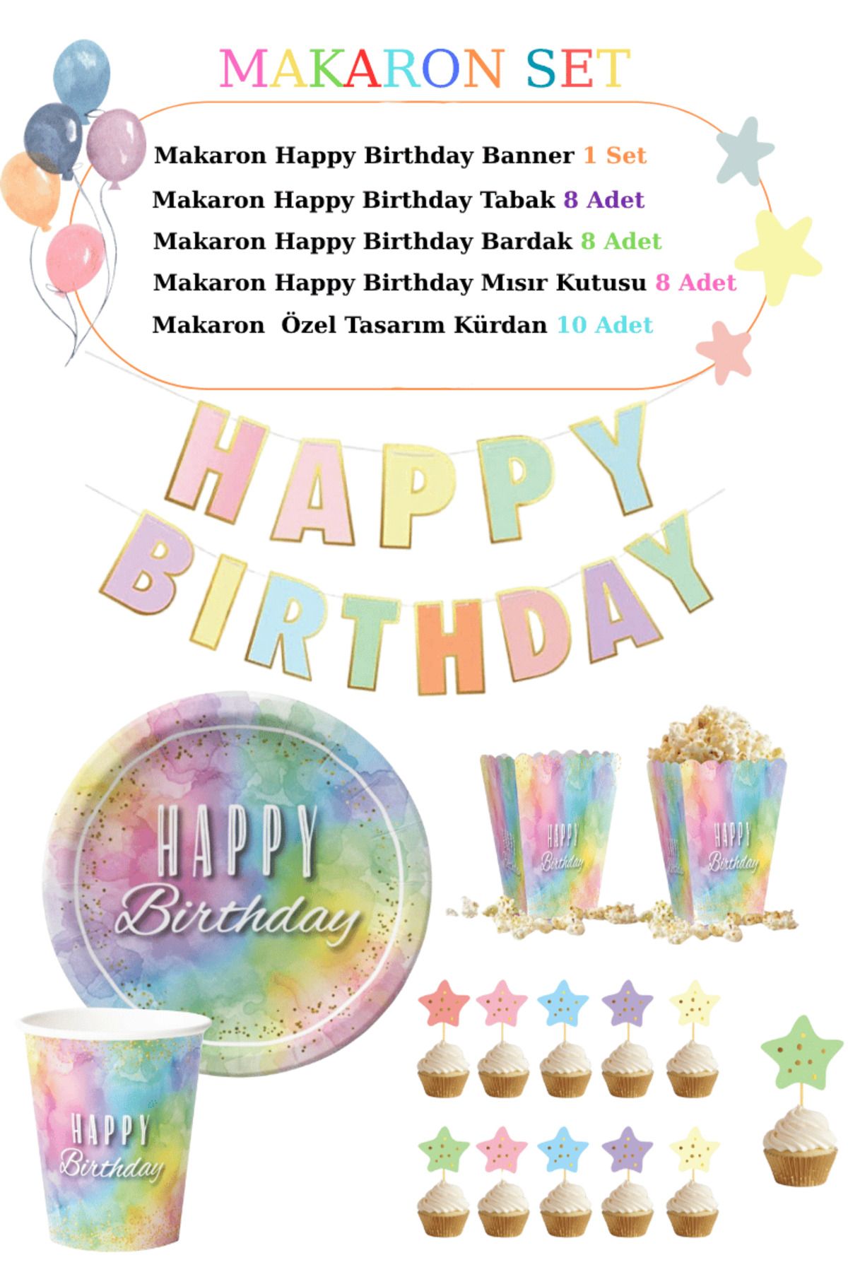 Big Party Makaron Happy Birthday Temalı Parti Seti 35 Parça