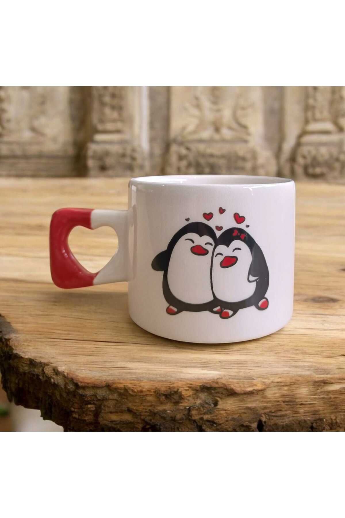 Simge Seramik Aşık Penguenler Çift Taraf Baskılı Kalp Kulplu El Yapımı Seramik Mug Kupa Çay Cappuccino Fincanı