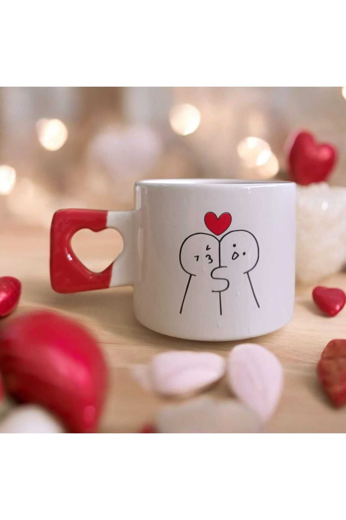 Simge Seramik Kalpli Şirin Çift Ön Arka Çizimli Kalp Kulplu El Yapımı Seramik Mug Kupa Çay Cappuccino Fincanı