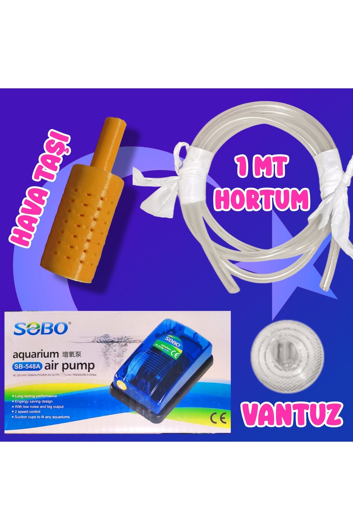 Akvaryum Hava Taşı Motor Hortum Vantuz Seti ( Sarı ) Küçük Akvaryum ve Büyük Akvaryum Uygun