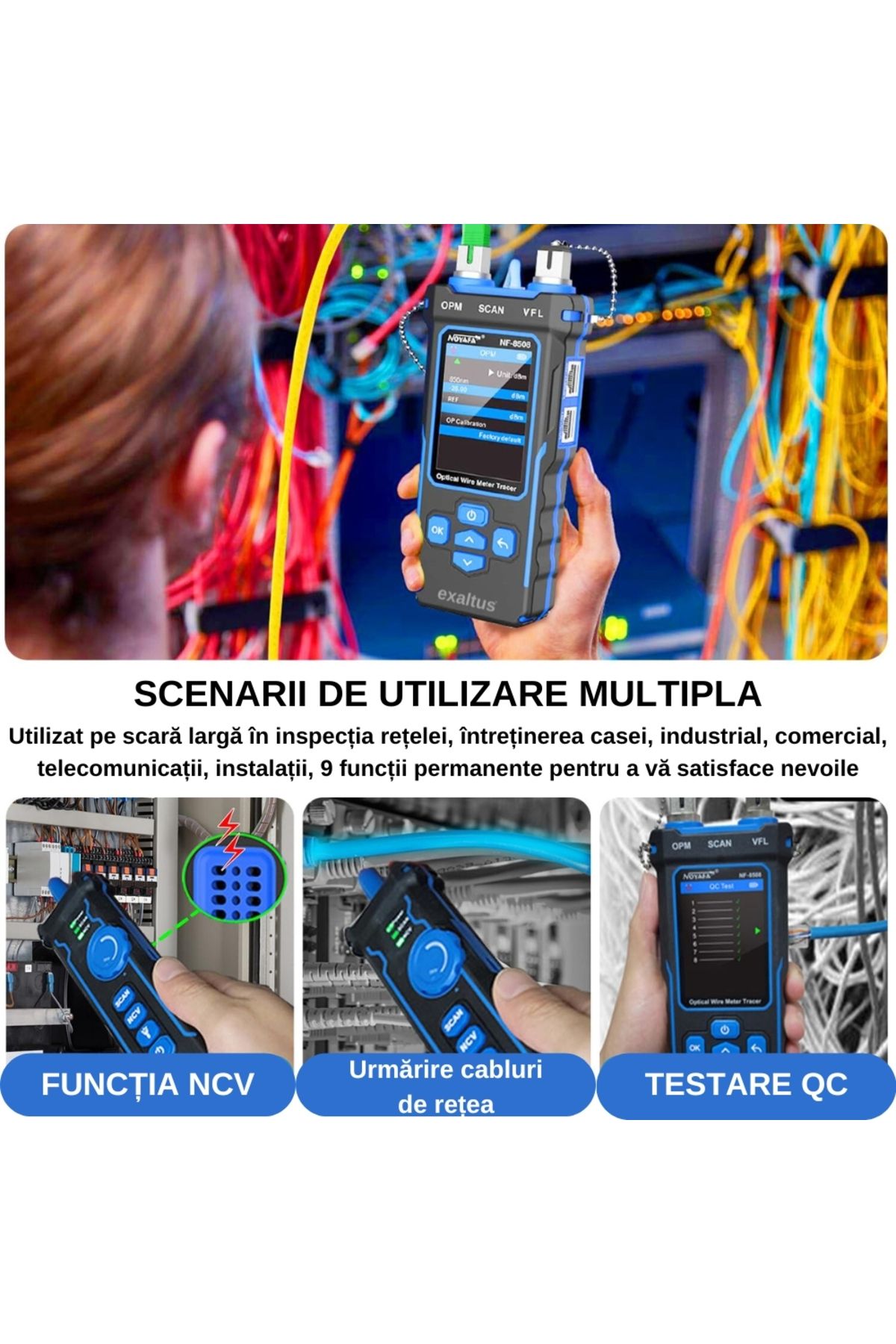 exaltus-Optical power meter with network cable tester, Exaltus®, CAT5/CAT6, POE Tester, NCV Function, QC RJ45 3