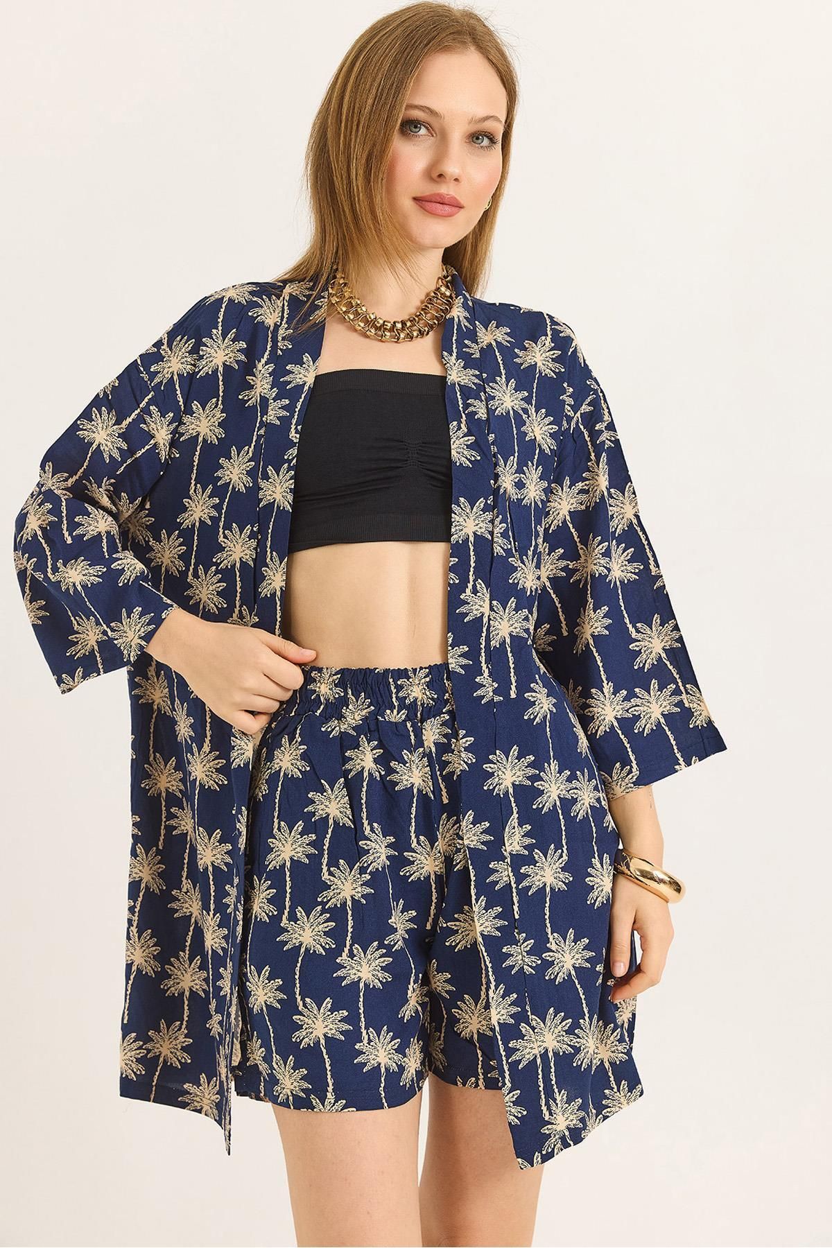 Raneel Kazançlı Alışveriş Kimono Şortlu Desenli Dokuma Kadın İkili Takım Lacivert
