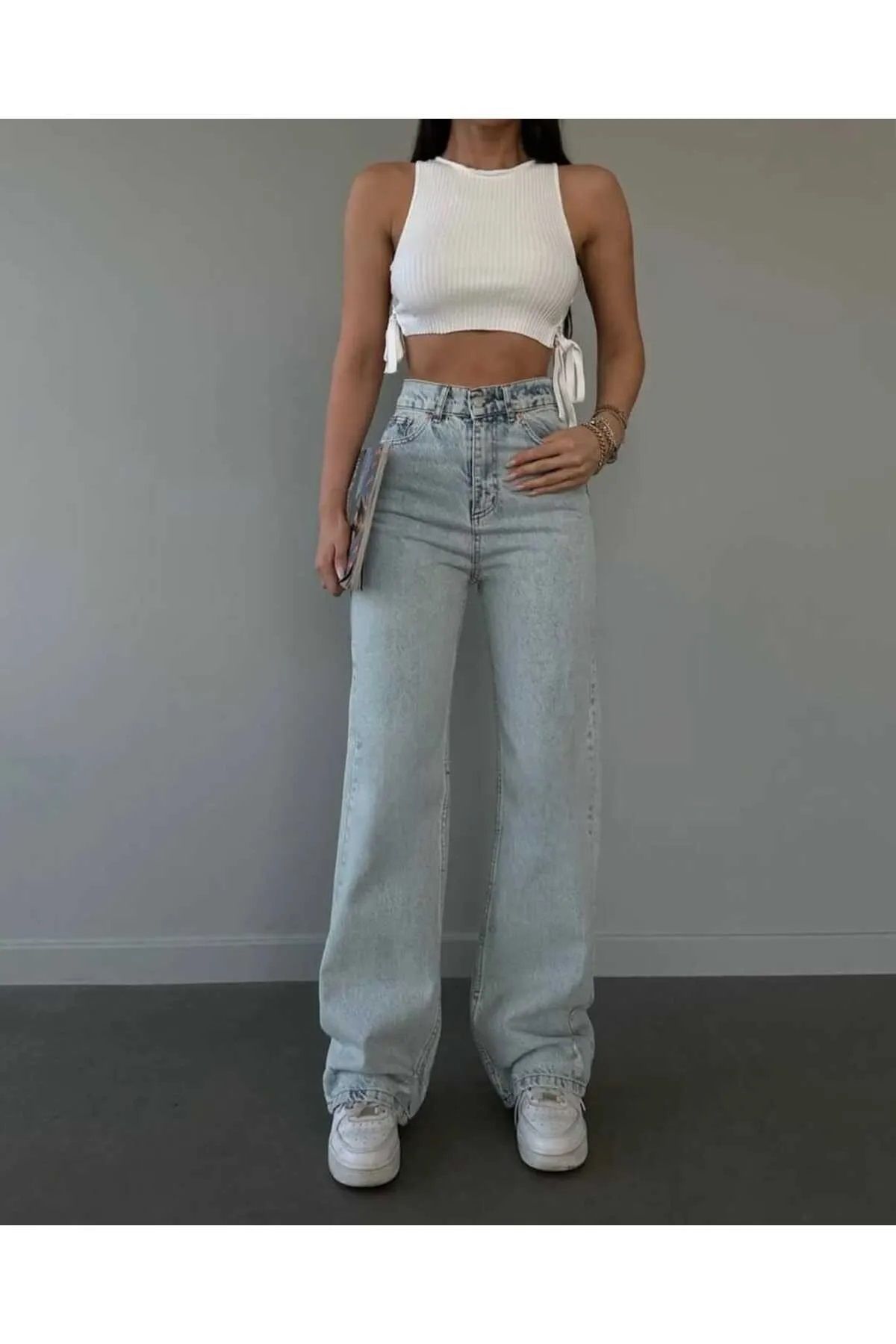 Trn JNS Lucy 90's Power Likralı Solmaz Süper Yüksek Bel Açık Kar Yıkama Jeans Palazzo Pantolon