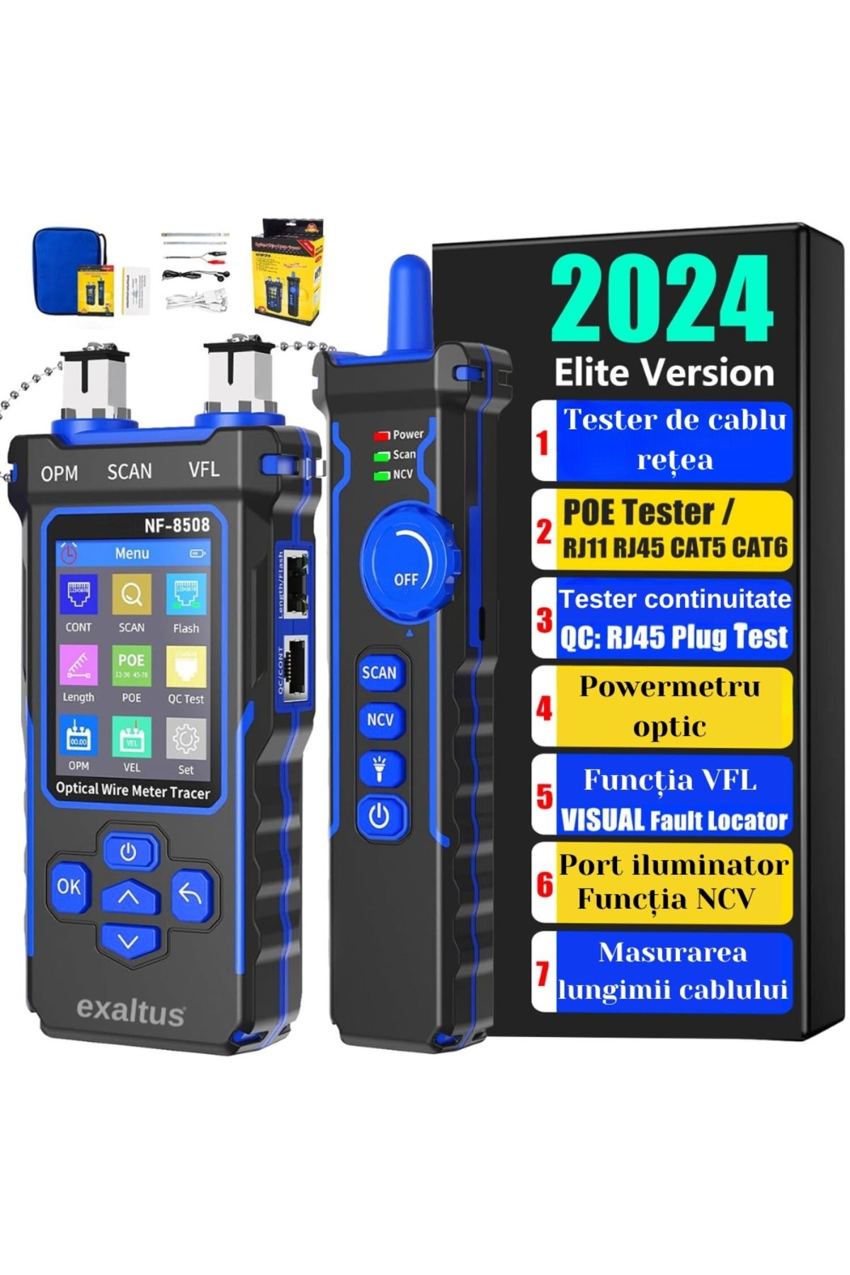 exaltus-Optical power meter with network cable tester, Exaltus®, CAT5/CAT6, POE Tester, NCV Function, QC RJ45 2