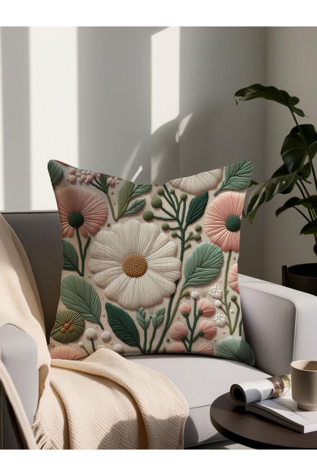 LadiesHome Punch Nakış Desenli Dijital Baskılı Dekoratif Yastık 4278– 43x43 Cm Mikro Petek Kumaş