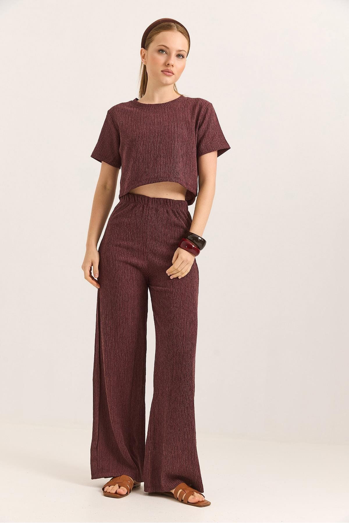 Raneel Kazançlı Alışveriş Bürümcük Kumaş İkili Crop Takım Bordo