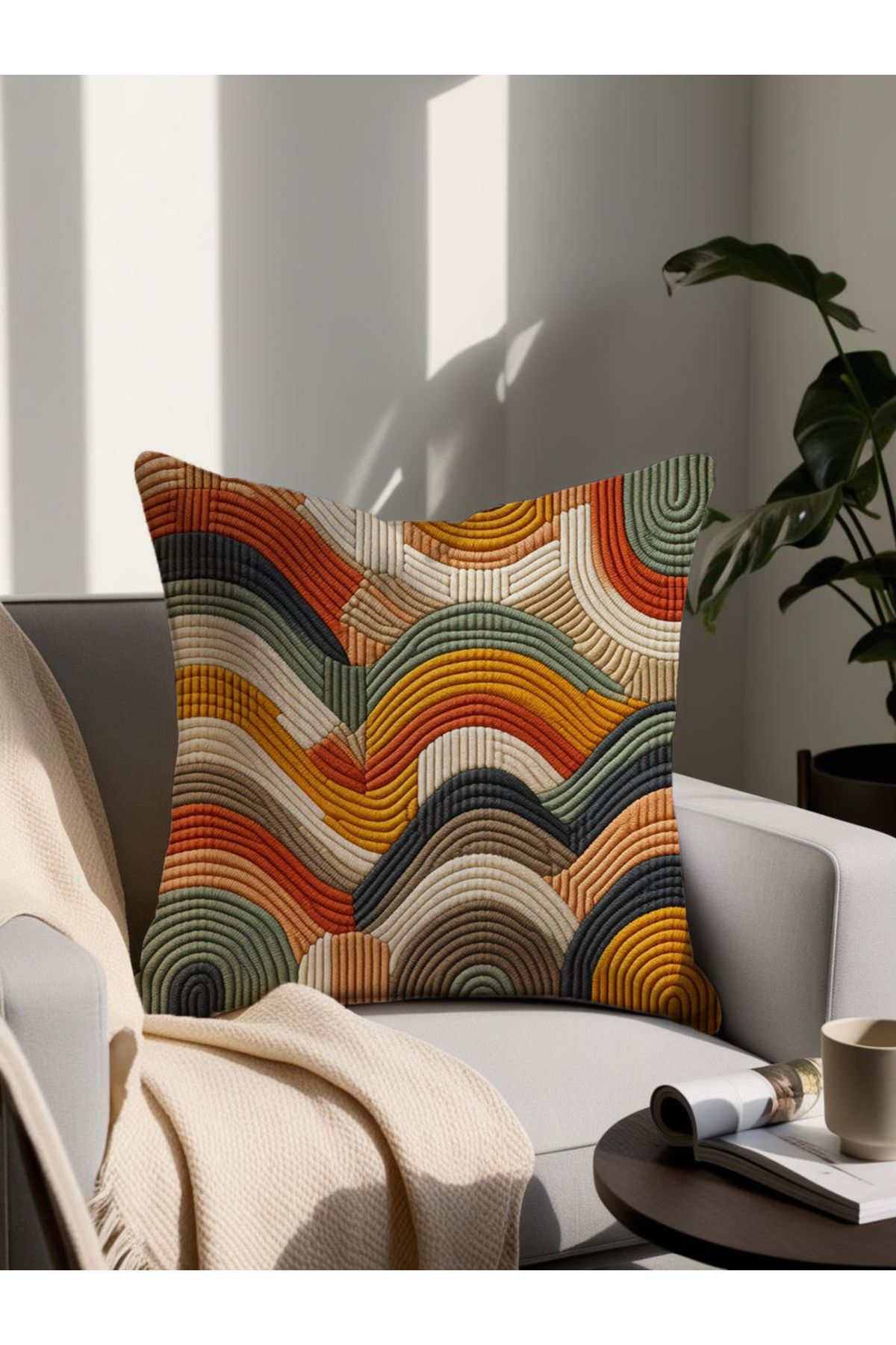 LadiesHome Punch Nakış Desenli Dijital Baskılı Dekoratif Yastık 4277– 43x43 Cm Mikro Petek Kumaş