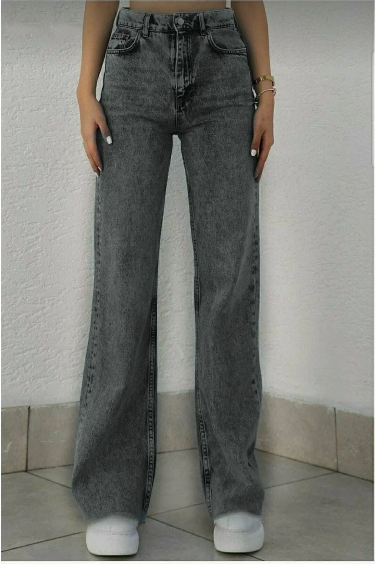 Trn JNS Lucy Füme Kar Süper Yüksek Bel 90's Power Likralı Solmaz Jeans Palazzo Pantolon