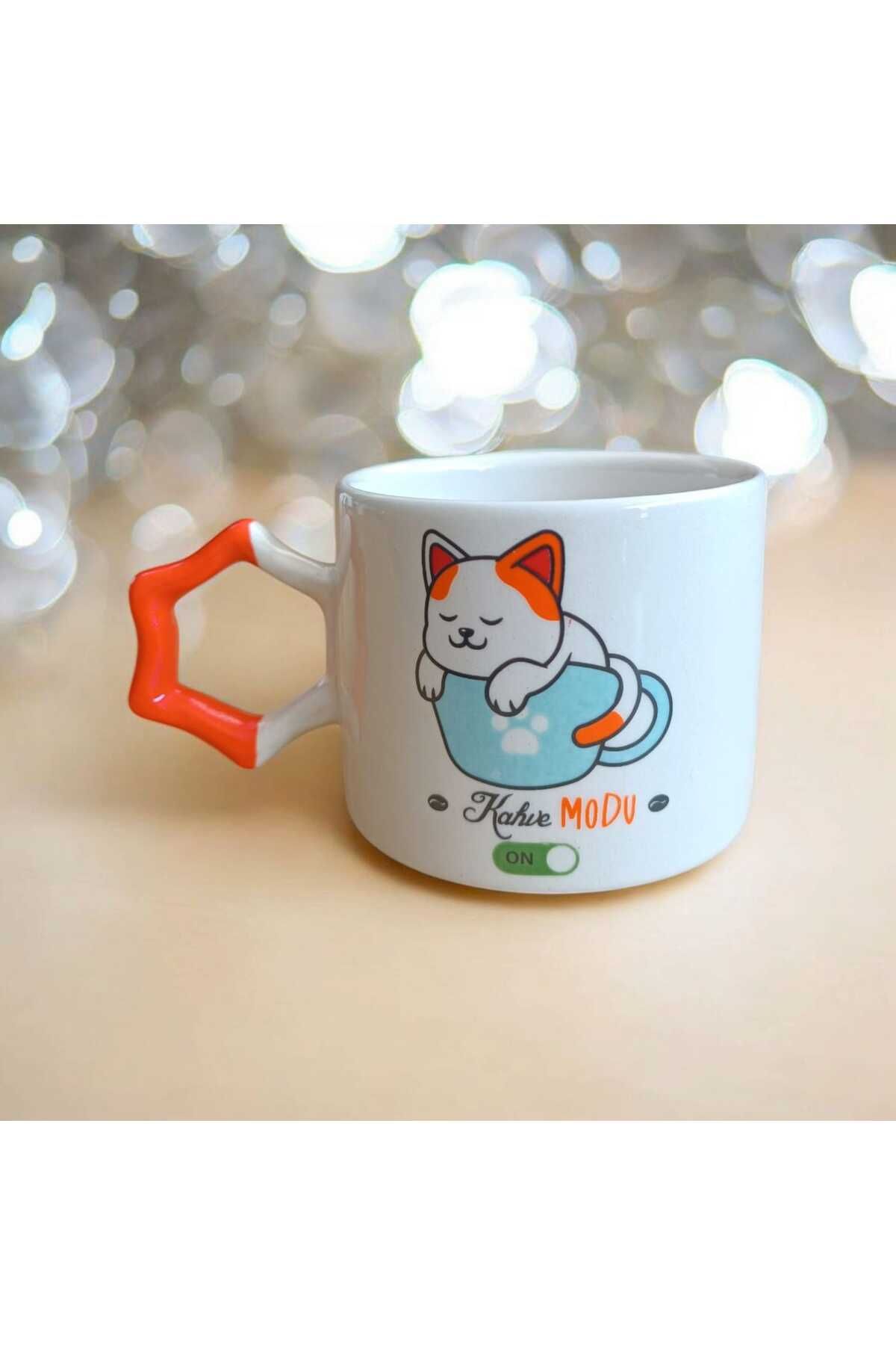 Simge Seramik Kahve Modu Çift Taraf Baskılı Yıldız Kulplu El Yapımı Seramik Mug Kupa Çay Cappuccino Fincanı