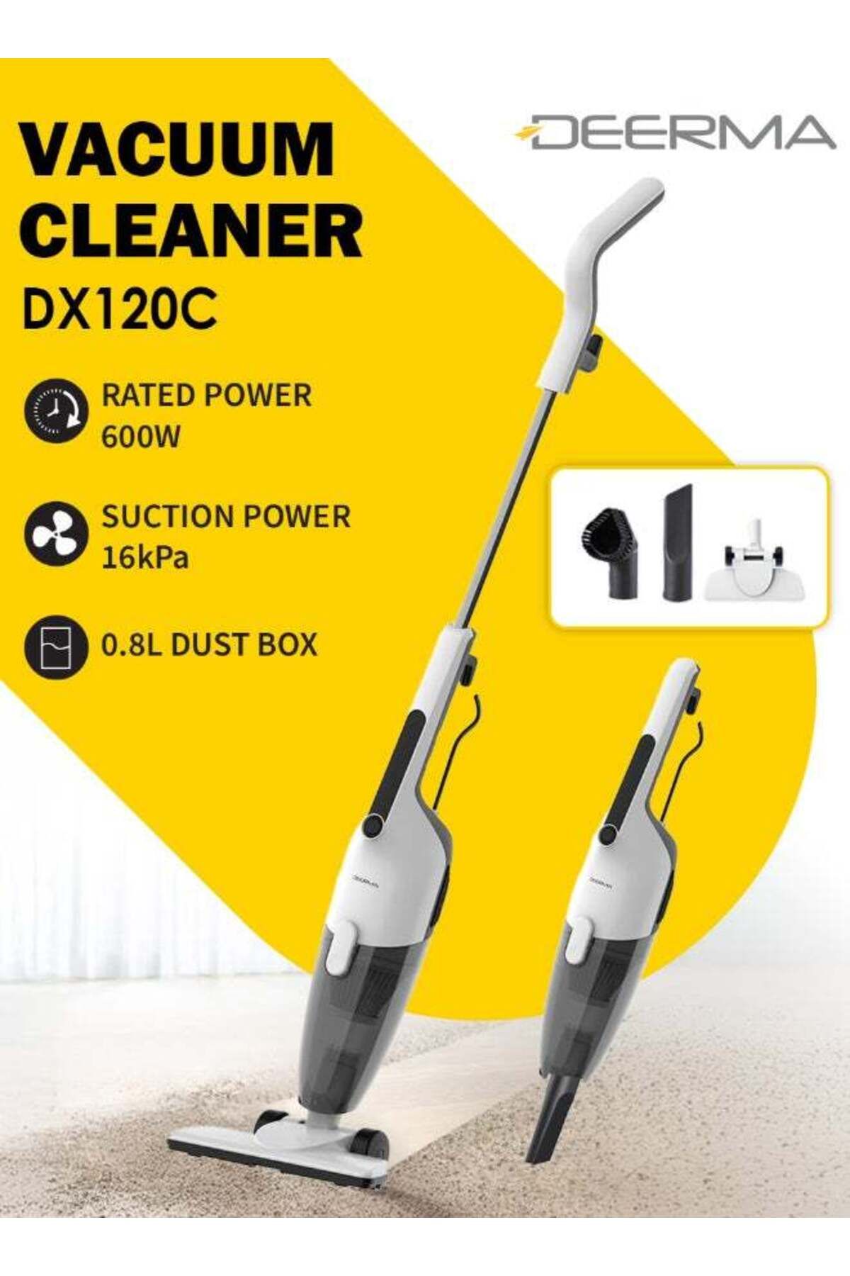 Deerma-Handheld Portable Vacuum Cleaner 2 in 1 Push Vacuum With 3 Brushes 16000Pa Low Noise DX120C- 600 W D 1