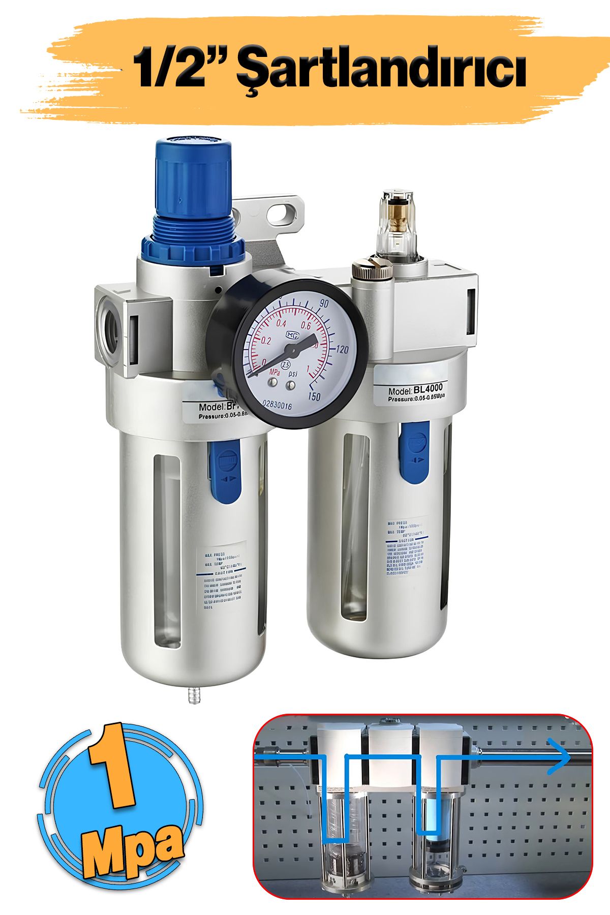 Badem10 Pnömatik Şartlandırıcı Filtre BFC4000 0.05-0.85 Mpa Maksimum Basınç 150 Psı Hava Komprasör 1/2" İnç