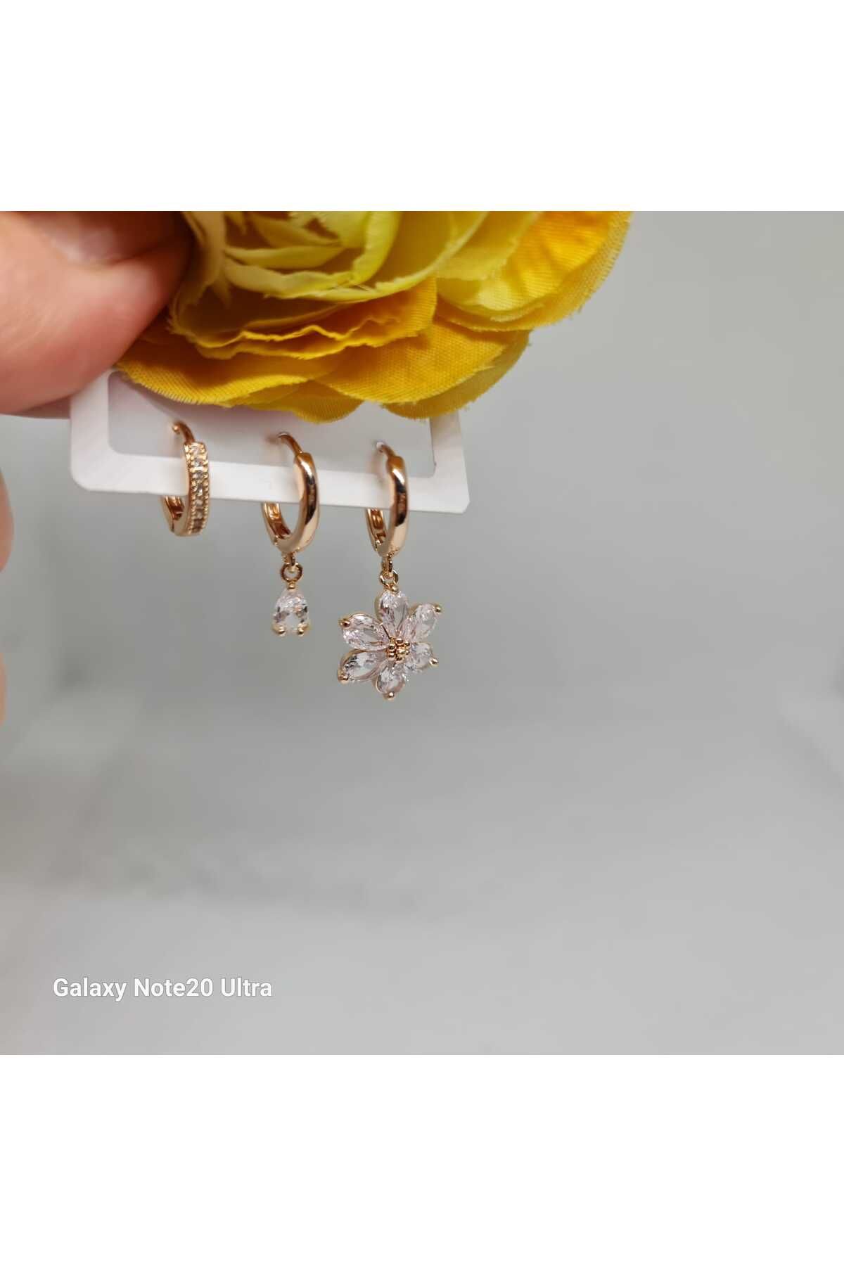 Store 316l Çiçek Disenli 3 Lü Paslanmaz Çelik Gold Küpe