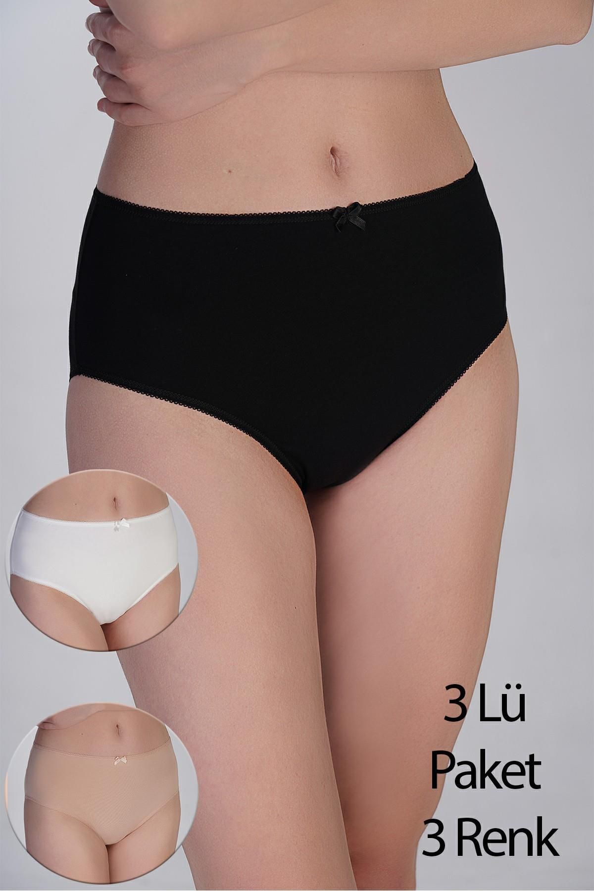 cotonhause Kadın Yarım Bel Bikini Külot 3’lü Paket – Pamuklu Rahat Kesim Siyah-Beyaz-Ten 365002