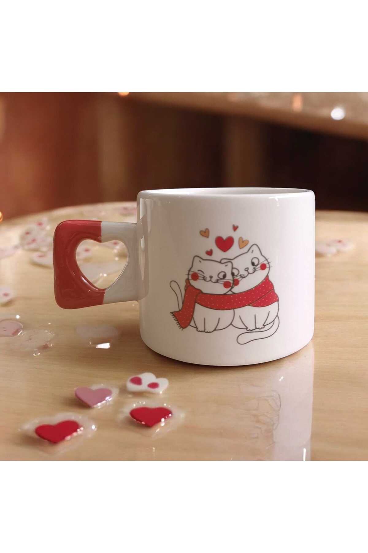 Simge Seramik Atkılı Aşık Kediler Çift Taraf Çizimli Kalp Kulplu El Yapımı Seramik Mug Kupa Çay Cappuccino Fincanı