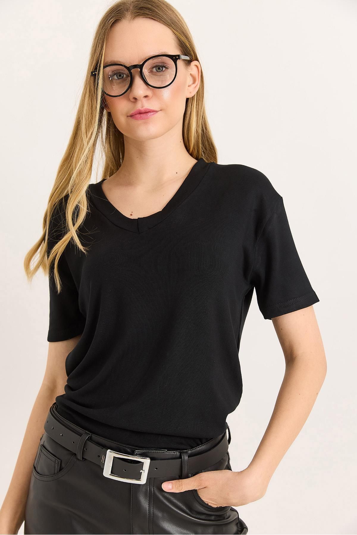 Raneel Kazançlı Alışveriş Yumuşak Dokulu V Yaka Tshirt Siyah