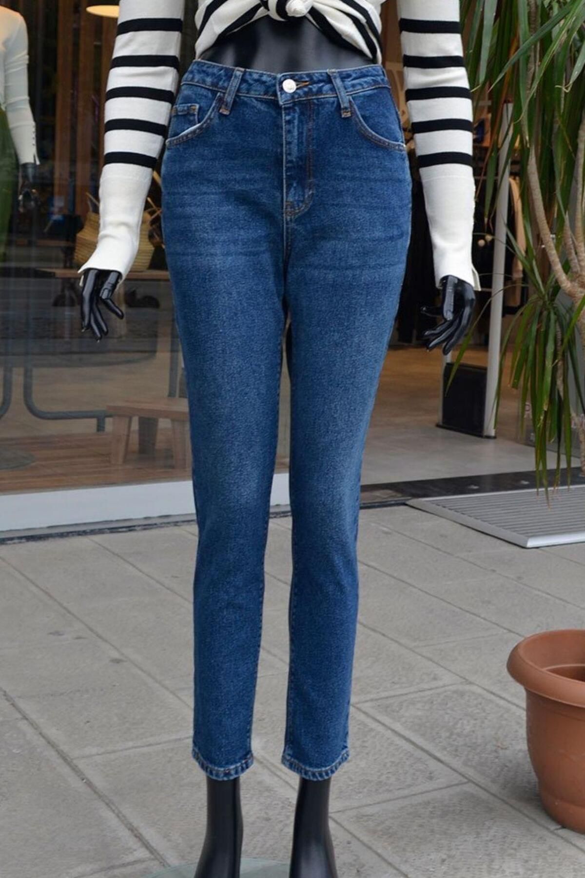 megapol giyim Koyu Mavi Slim Fit Yıkamalı Pantolon10568
