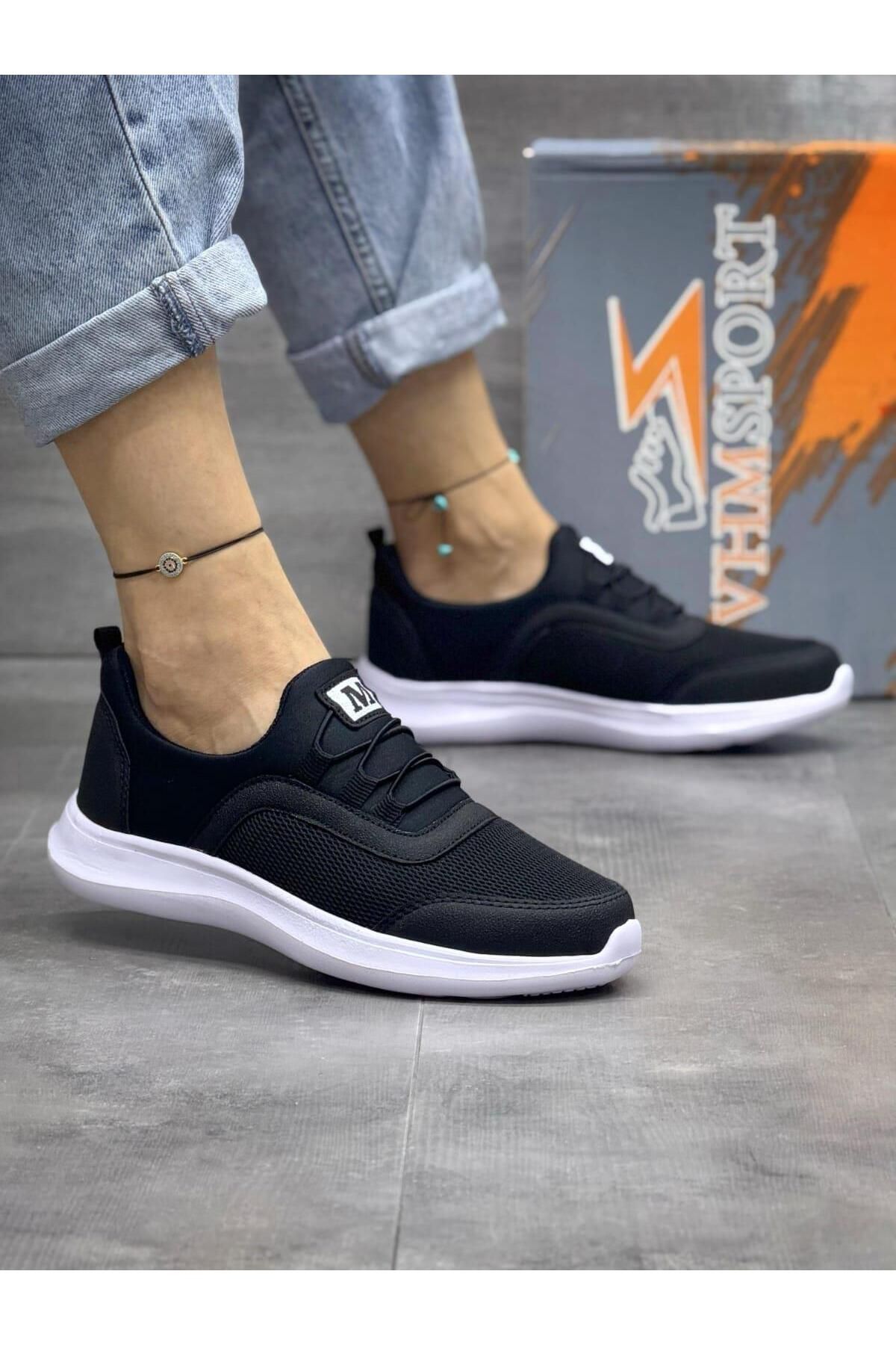 homiro Unisex Fuspetli Triko Ortopedik Faylon Taban Spor Ayakkabı-Siyah-Beyaz