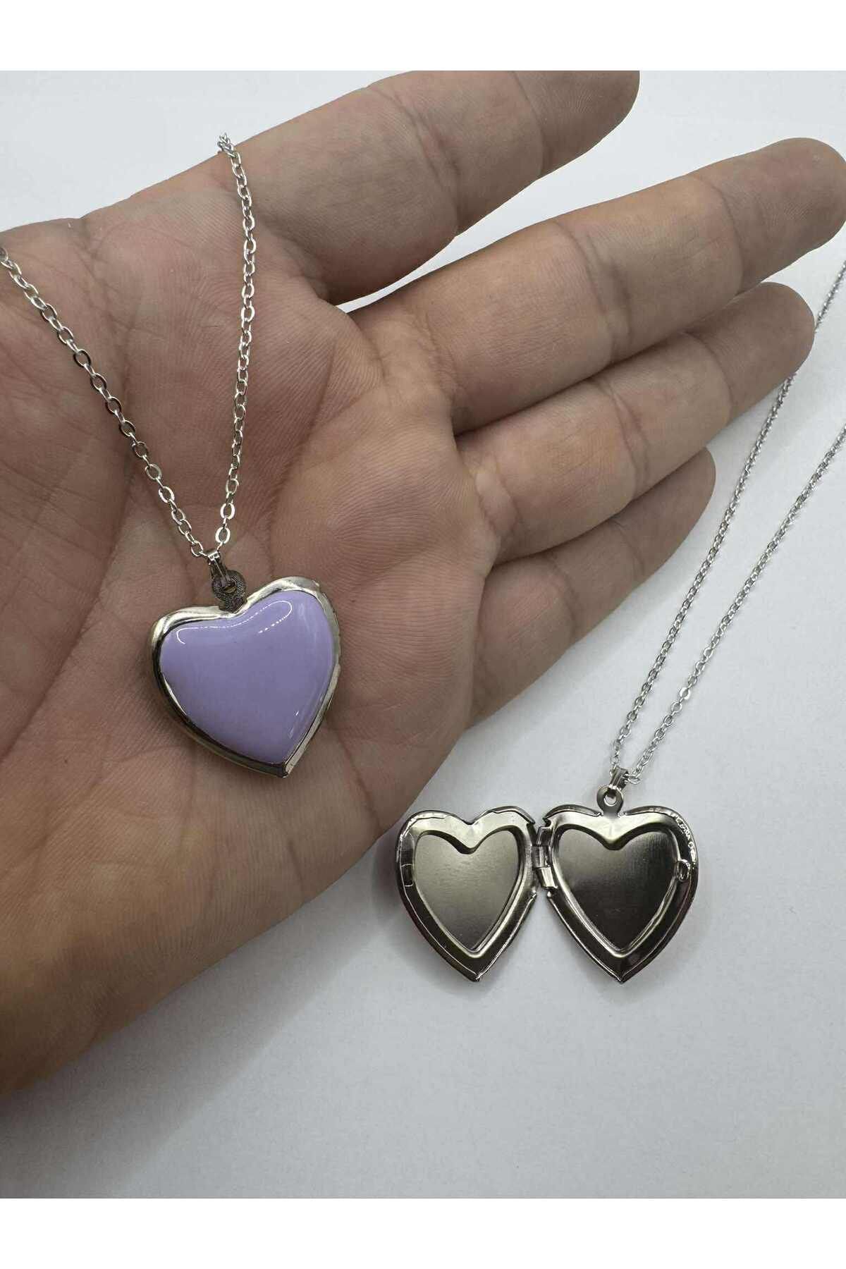 Herşey Nota Lila Açılabilir Kapaklı Kalp Kolye 55 cm Zincirli, Metal Resimlik Kolye