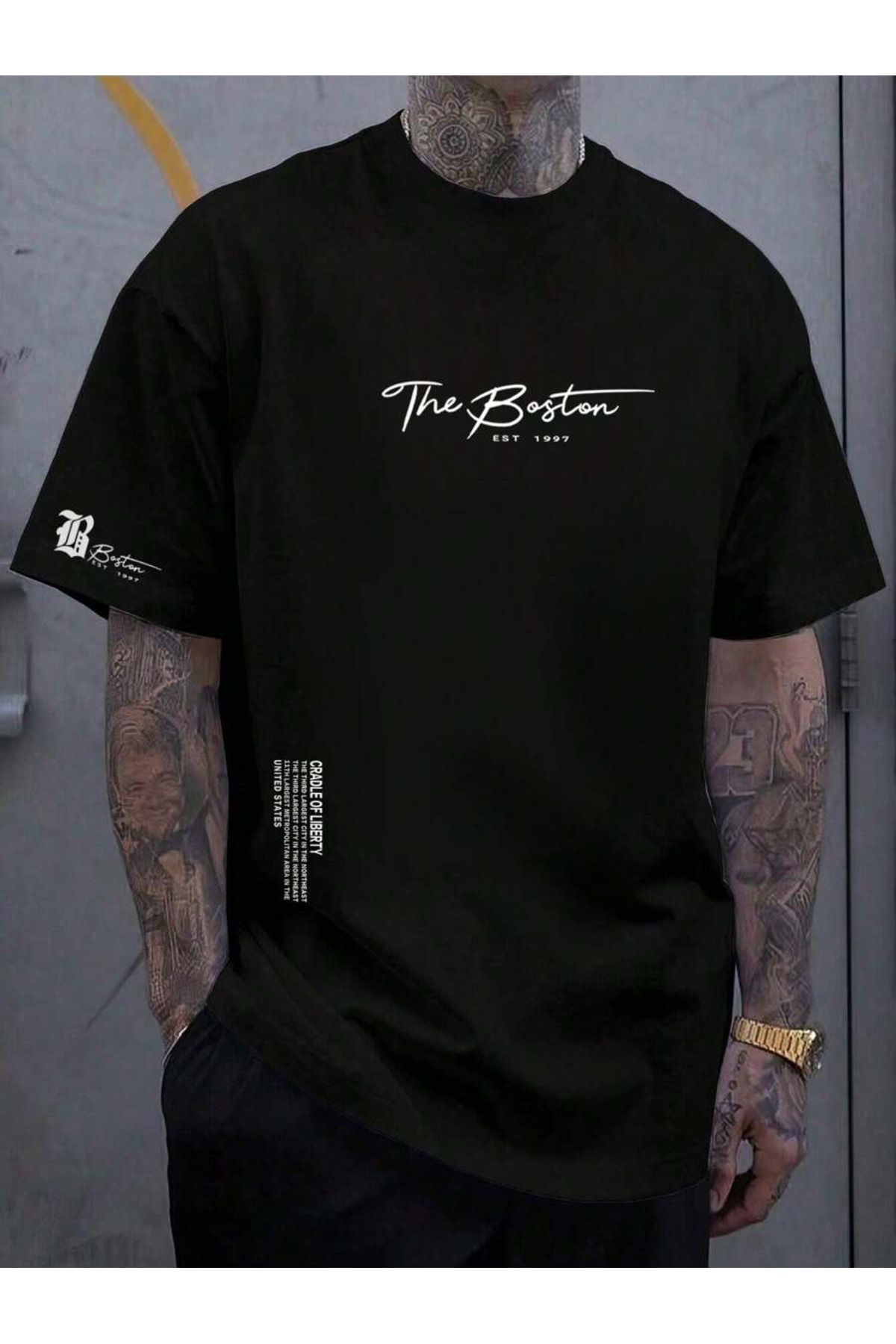 YUVEST Blackrock T-shirt - THE BOSTON Baskılı Oversize Bisiklet Yaka Kısa Kol Tişört