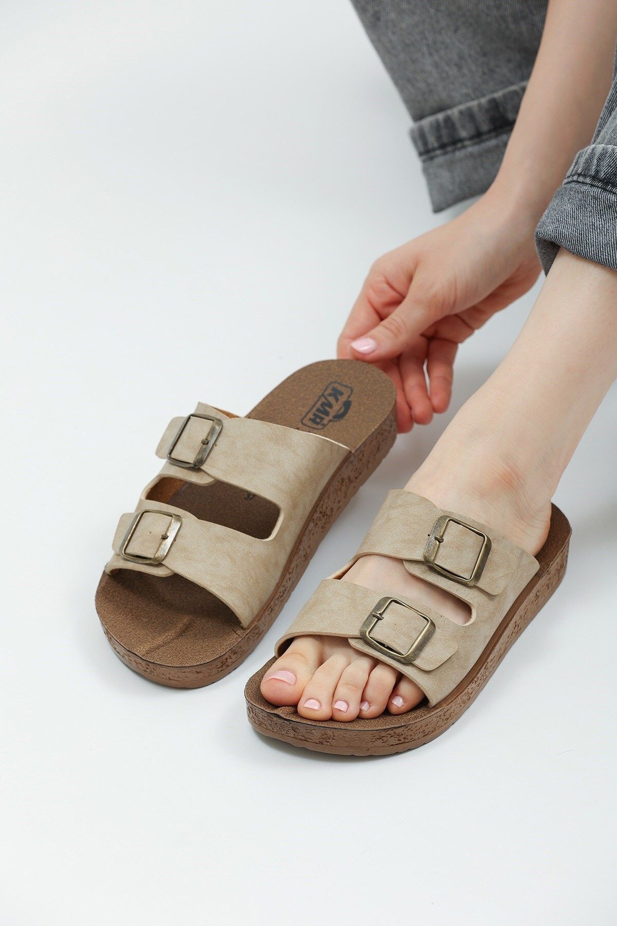 ALTUNTAŞ Unisex Ortopedik Taban Terlik Çift Bantlı Tokalı Günlük Rahat Ev Ve Dışarı Terliği