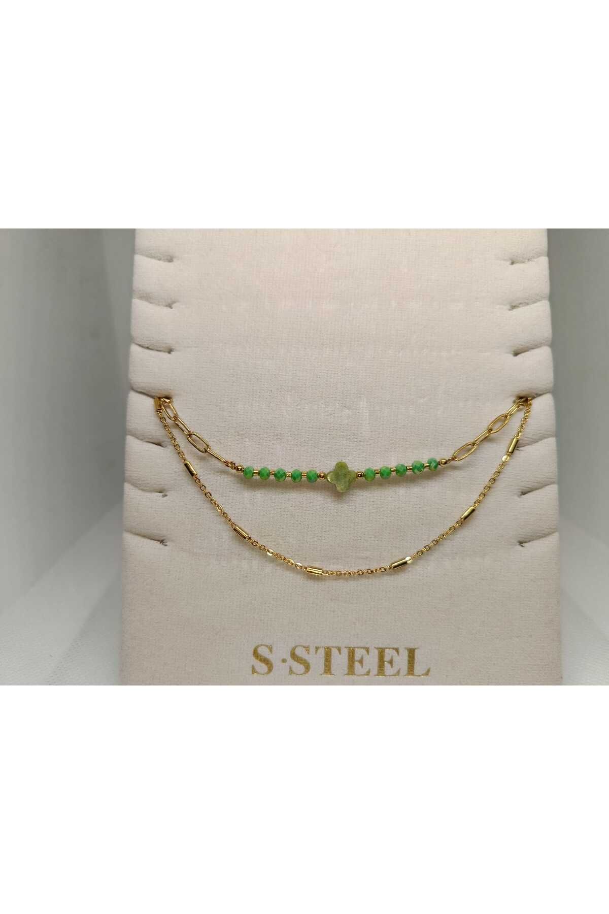 Store 316l Yonca Detaylı Boncuklu Paslanmaz Çelik Gold Halhal