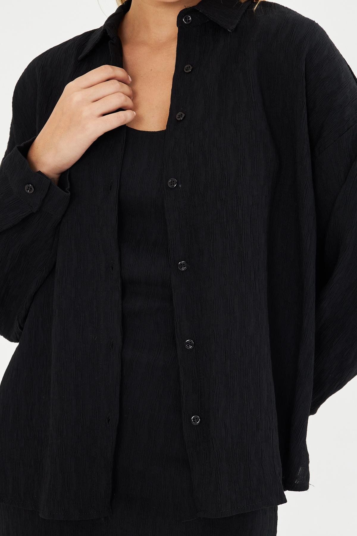 BELISTIL Pliseli Siyah Oversize Uzun Kollu Gömlek