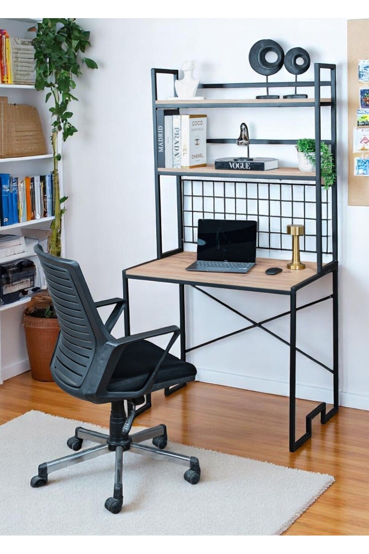 Bye Concept More DEKORATİF 2 RAFLI METAL ÇALIŞMA MASASI AHŞAP RAFLI KİTAPLIK BİLGİSAYAR VE LAPTOP MASASI